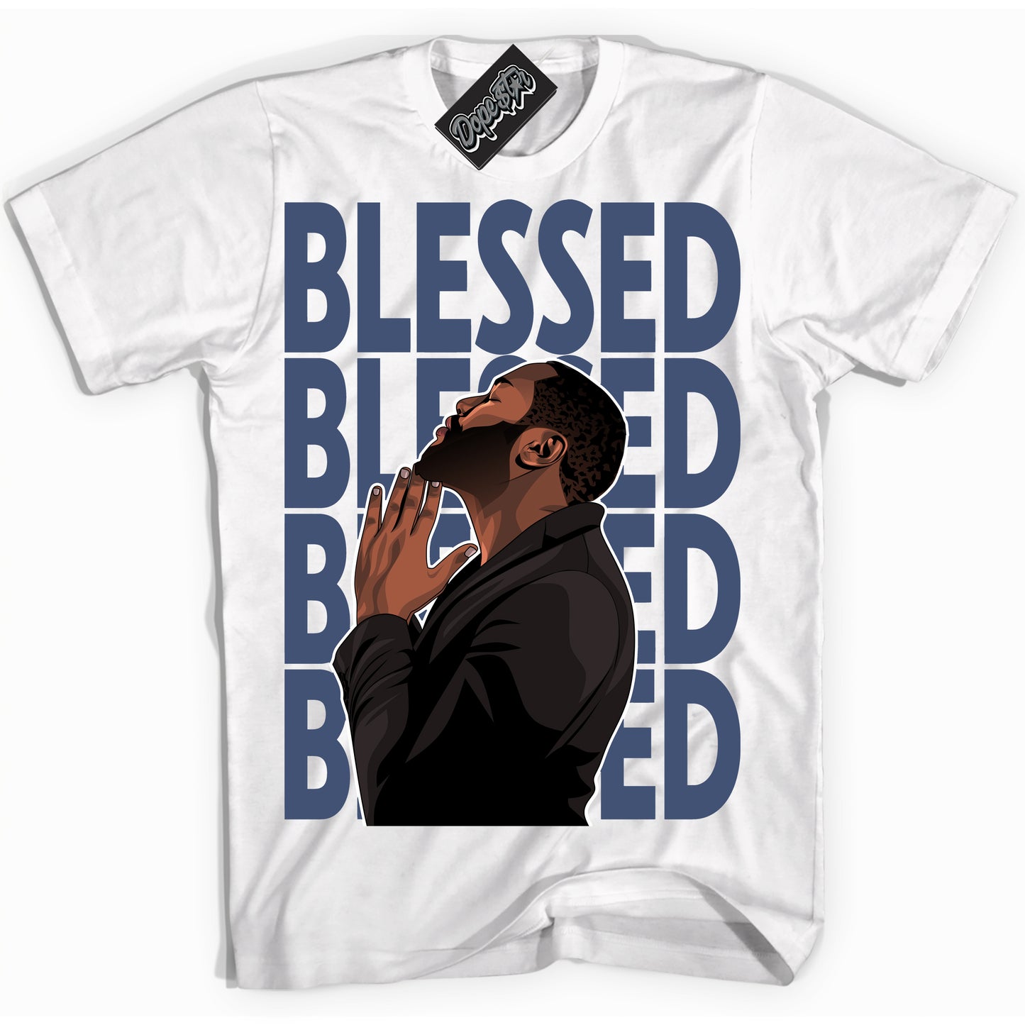 Cool White Shirt with “God Blessed” design that perfectly matches Diffused Blue 11s Jordans.