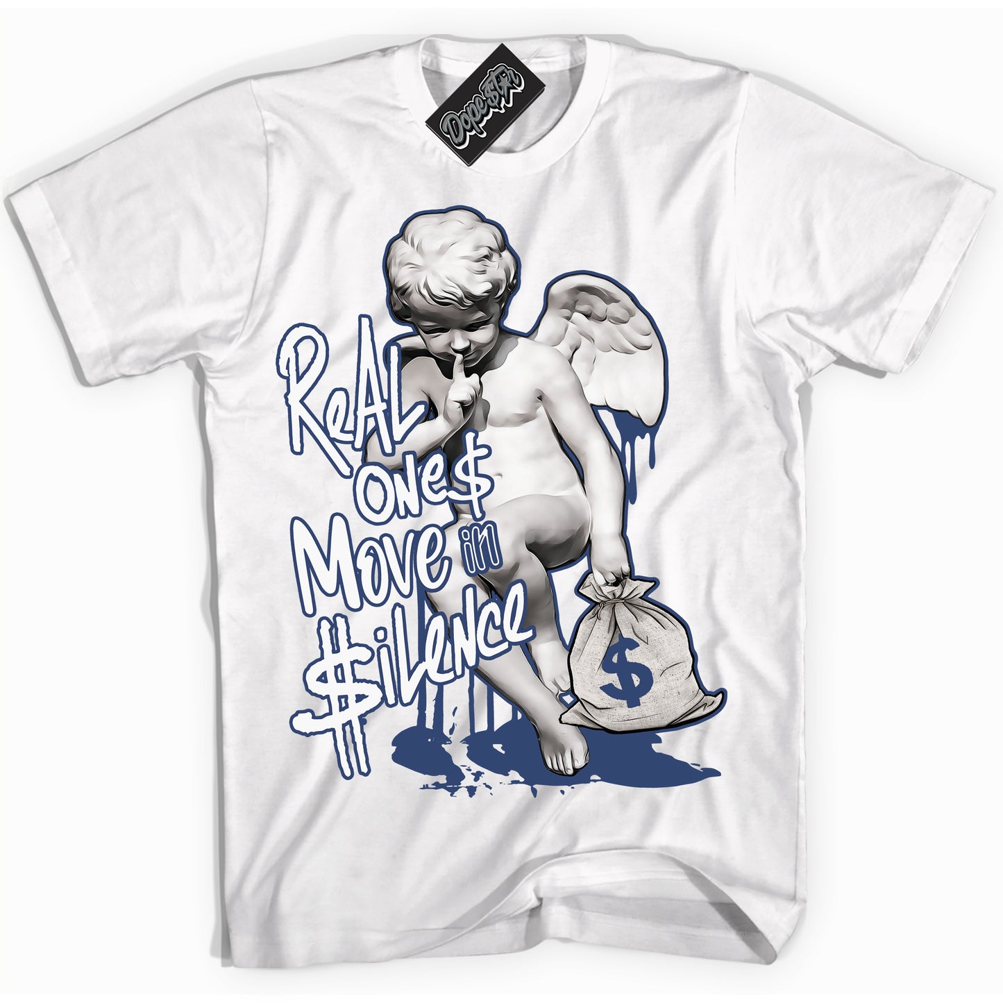 Cool White Shirt with “Real Ones Cherub” design that perfectly matches Diffused Blue 11s Jordans.