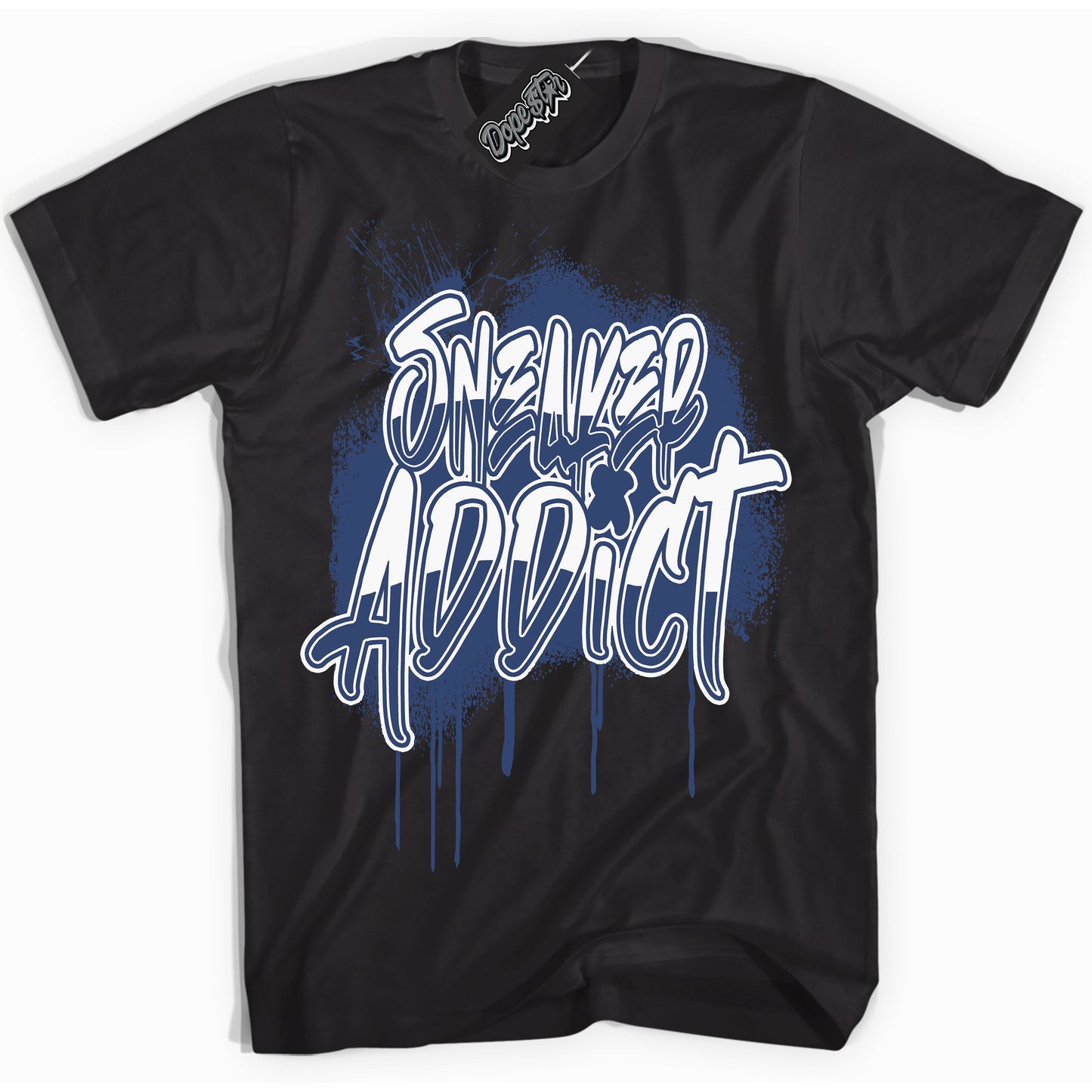 Cool Black Shirt with “Sneaker Addict” design that perfectly matches Diffused Blue 11s Jordans.