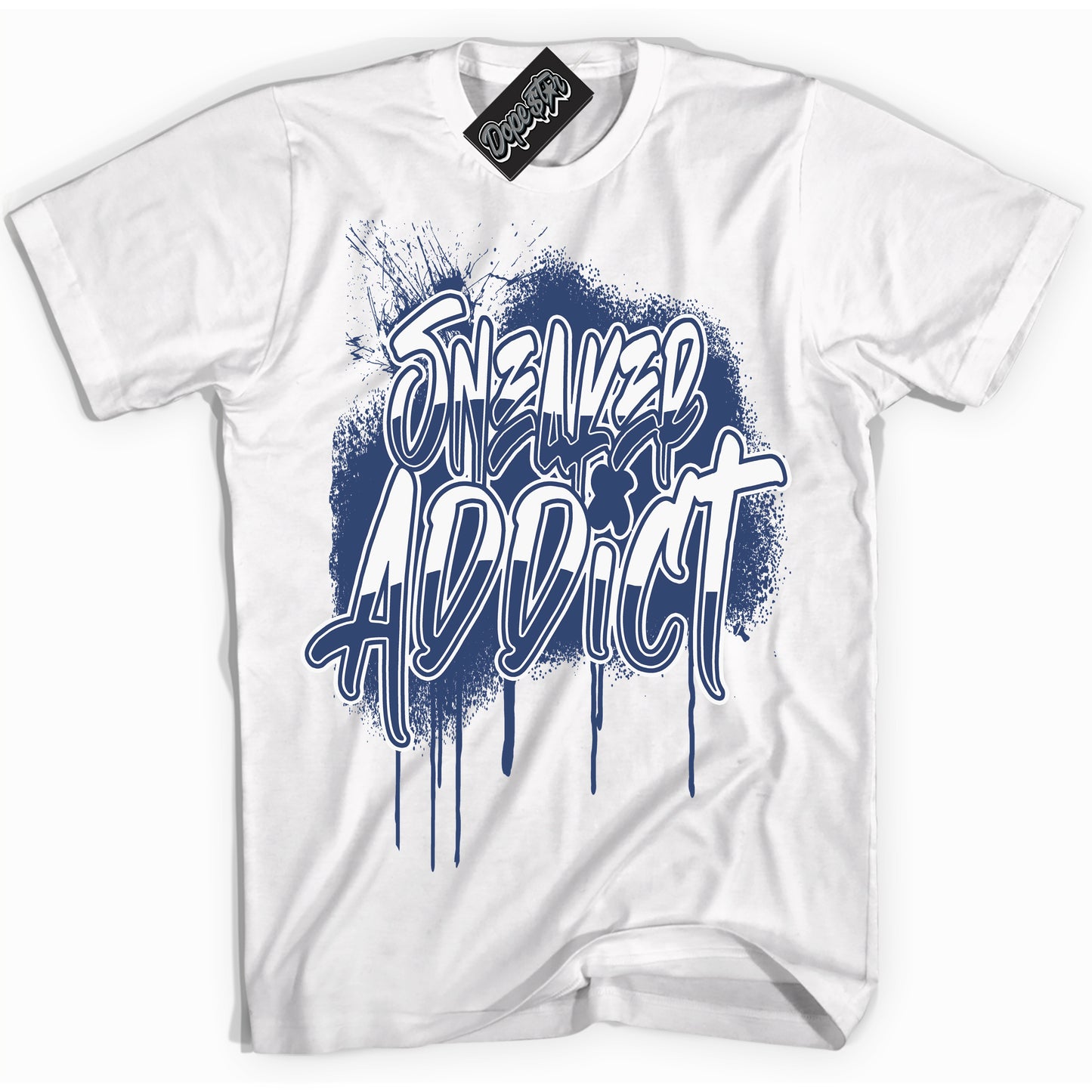 Cool White Shirt with “Sneaker Addict” design that perfectly matches Diffused Blue 11s Jordans.