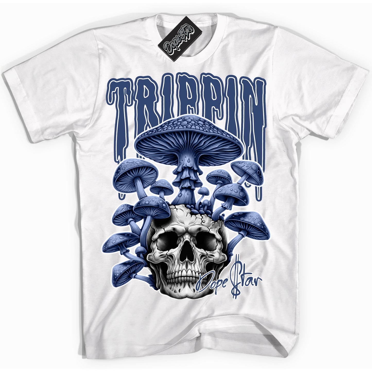 Cool White Shirt with “Trippin” design that perfectly matches Diffused Blue 11s Jordans.