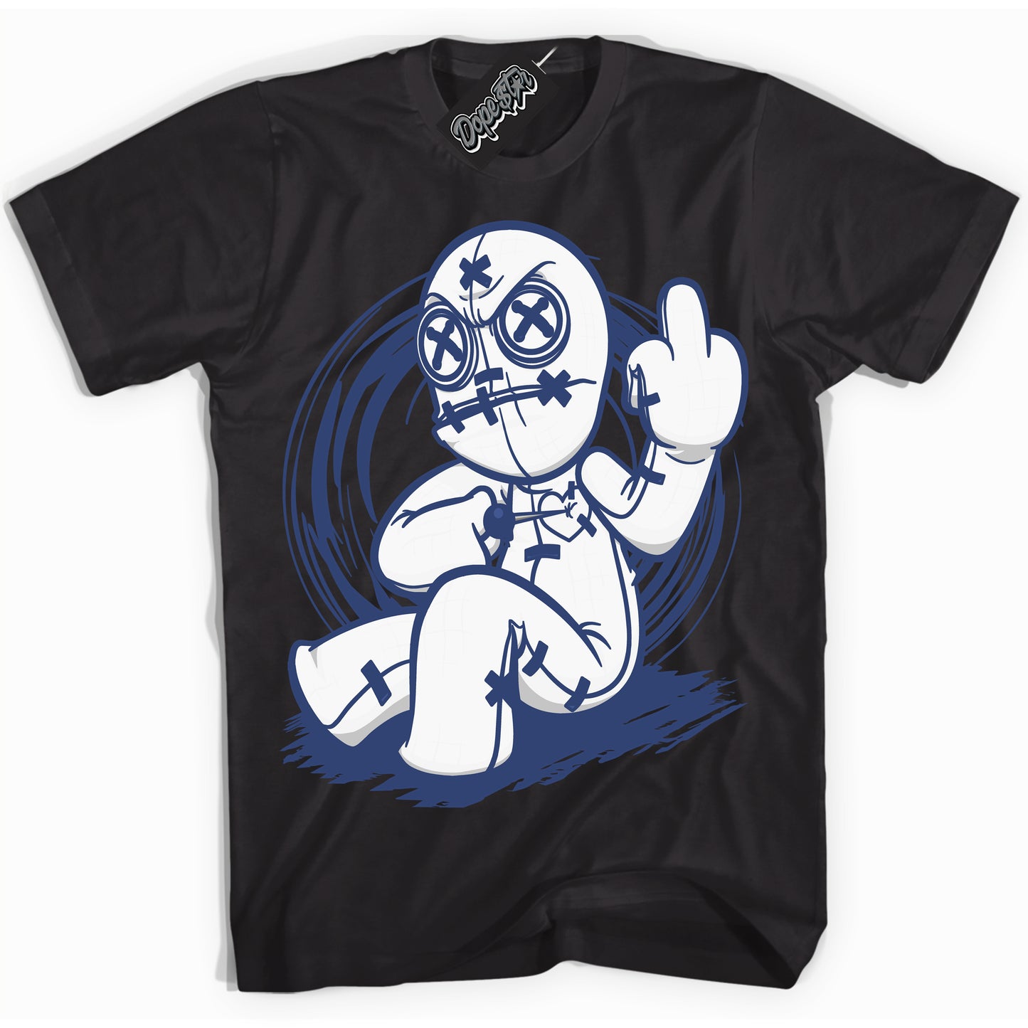Cool Black Shirt with “Voodoo Doll” design that perfectly matches Diffused Blue 11s Jordans.
