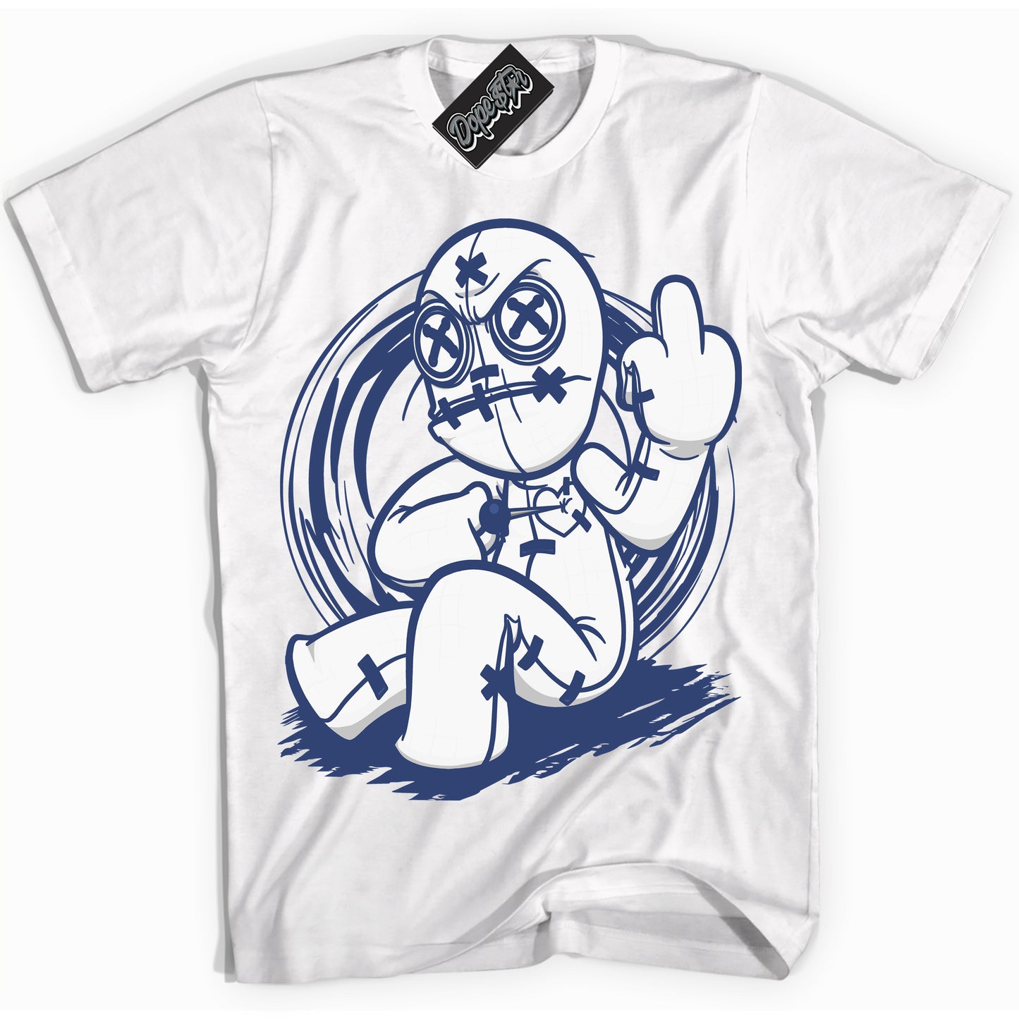 Cool White Shirt with “Voodoo Doll” design that perfectly matches Diffused Blue 11s Jordans.