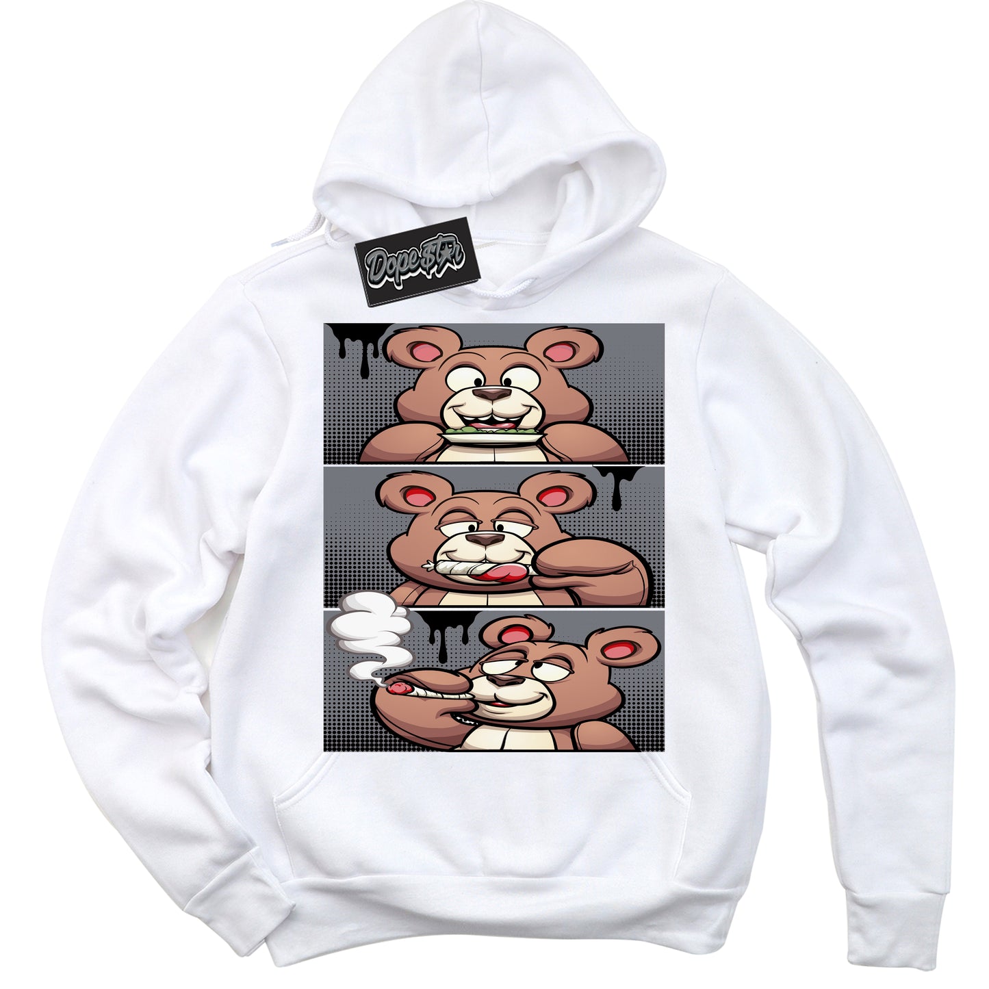 Cool White Hoodie with “Roll It Lick It Smoke It Bear” design that Perfectly Matches Barons 12s Jordans.