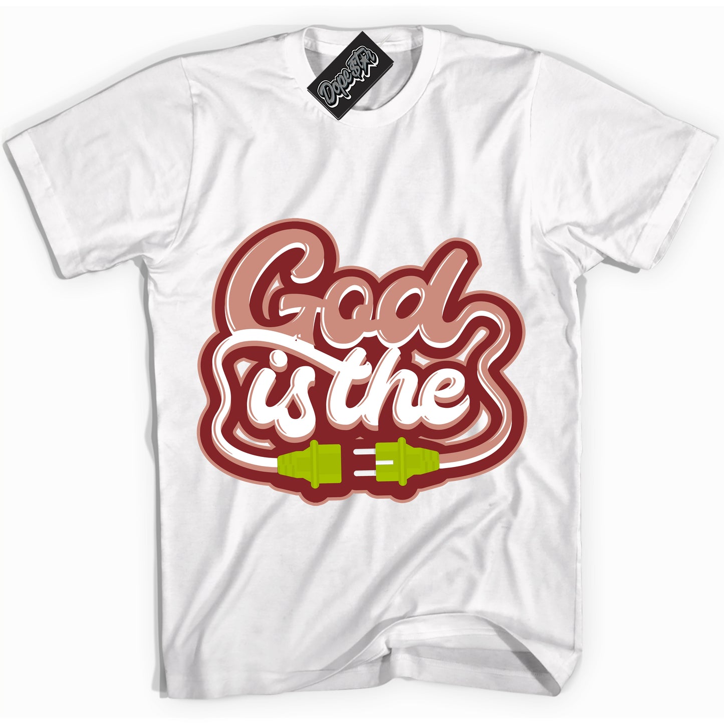Cool Black Shirt with “God Is The” design that perfectly matches the Dune Red 13s Jordans.