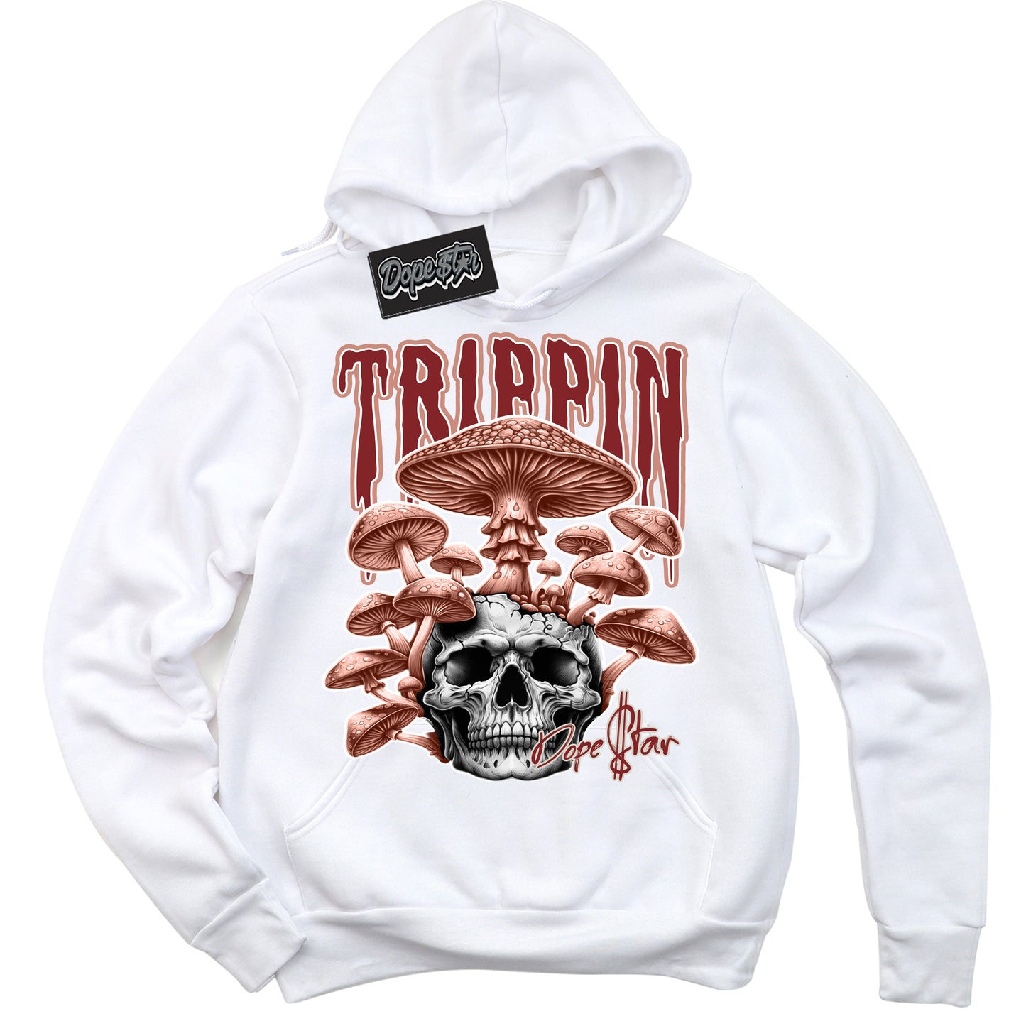 Cool White Hoodie with “Trippin” design that Perfectly Matches Dune Red 13s Jordans.