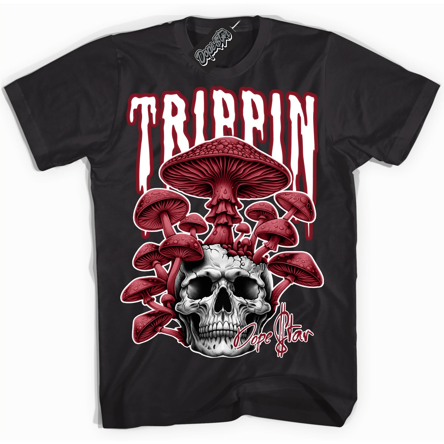 Cool Black Shirt with “Trippin” design that perfectly matches Metallic Burgundy 1s.