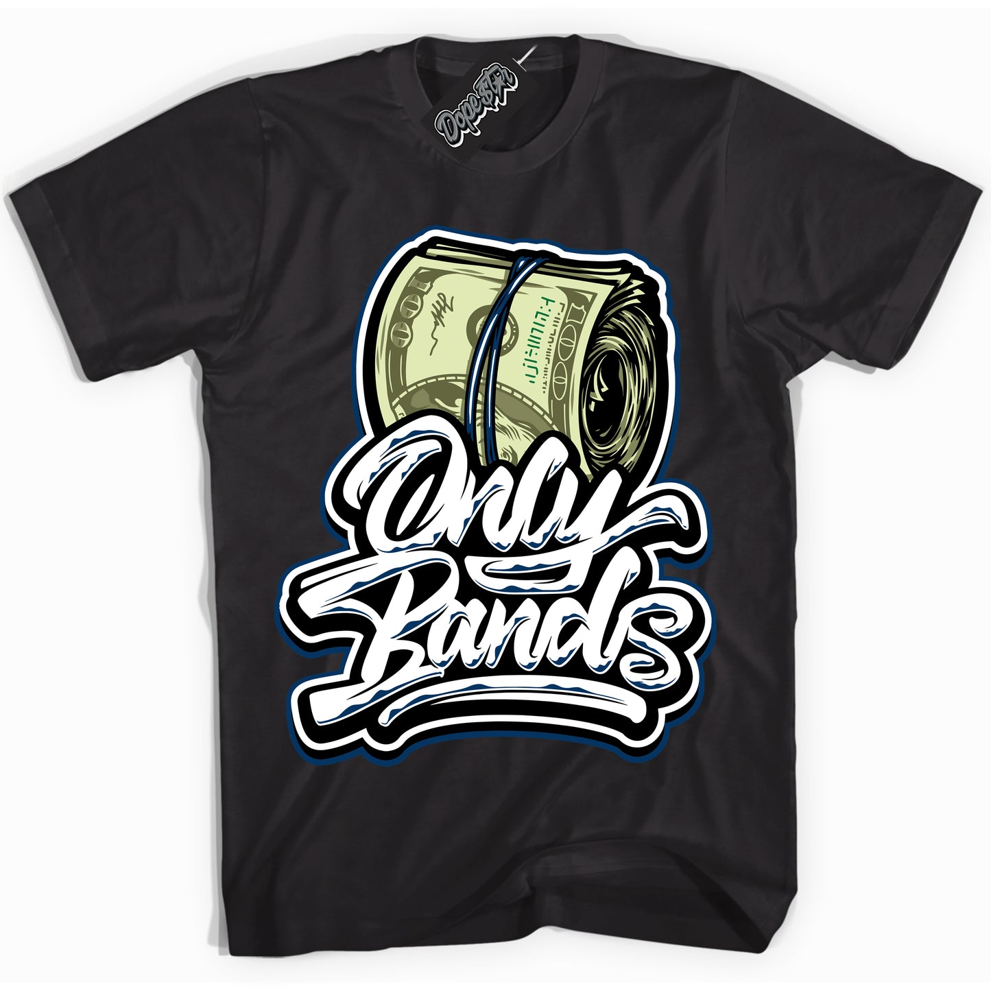 Cool Black Shirt with “Only Bands” design that perfectly matches the Midnight Navy 1s Jordans.