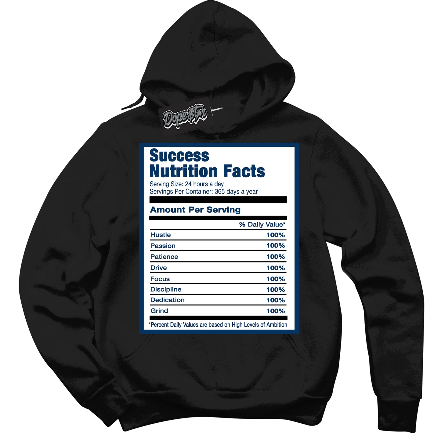Cool Black Hoodie with “Success Nutrition” design that Perfectly Matches Midnight Navy 1s Jordans.