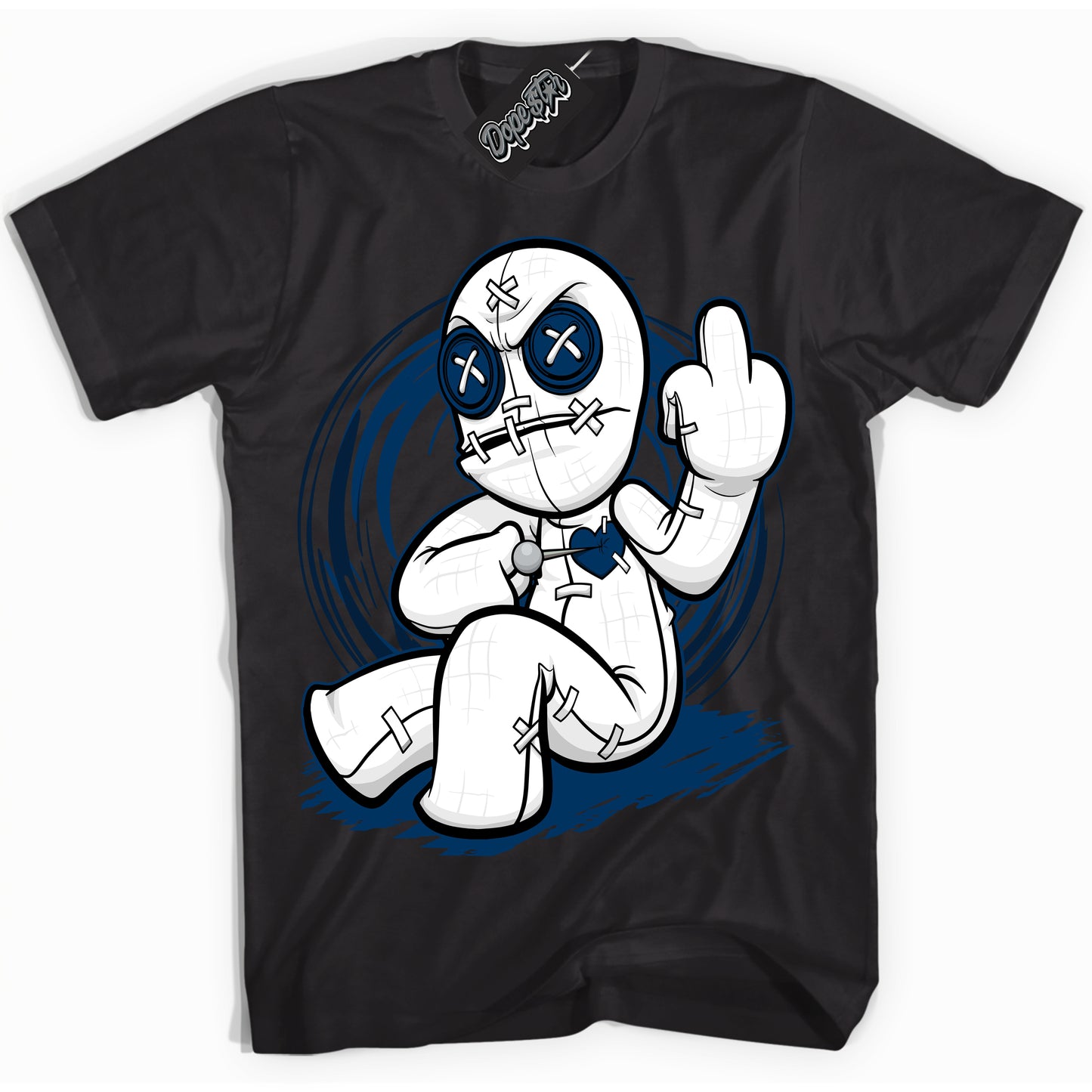 Cool Black Shirt with “Voodoo Doll” design that perfectly matches the Midnight Navy 1s Jordans.