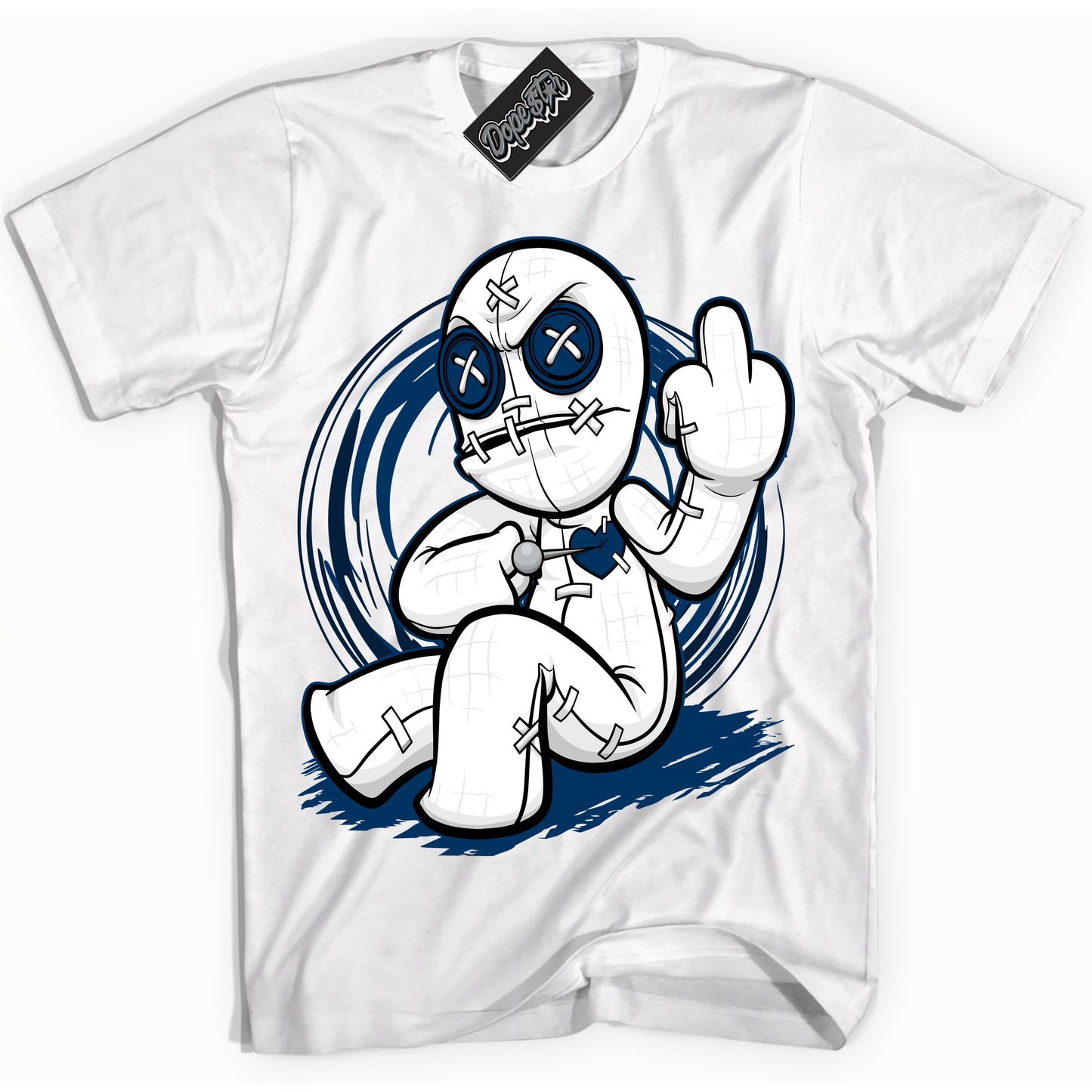 Cool White Shirt with “Voodoo Doll” design that perfectly matches the Midnight Navy 1s Jordans.