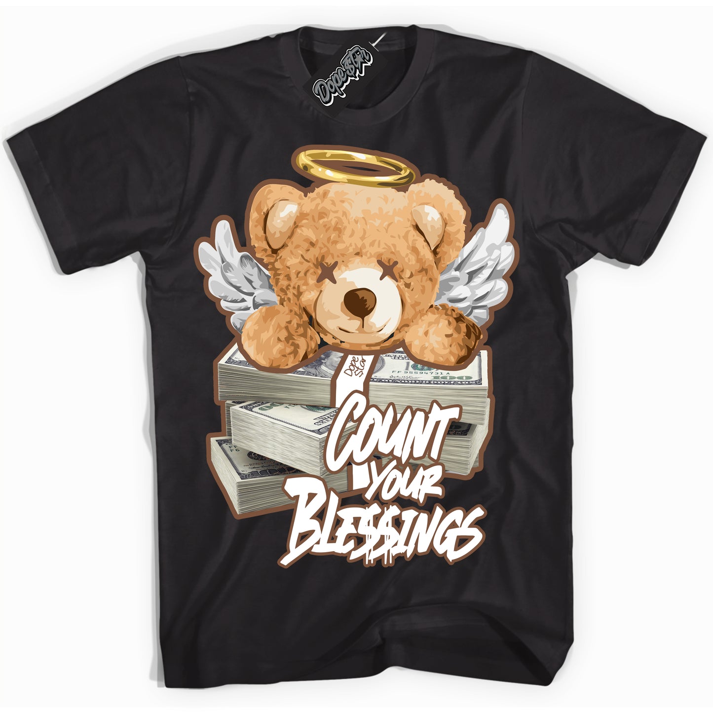 Cool Black Shirt with “Count Your Blessings” design that perfectly matches the Archaeo Brown White 1s Jordans.