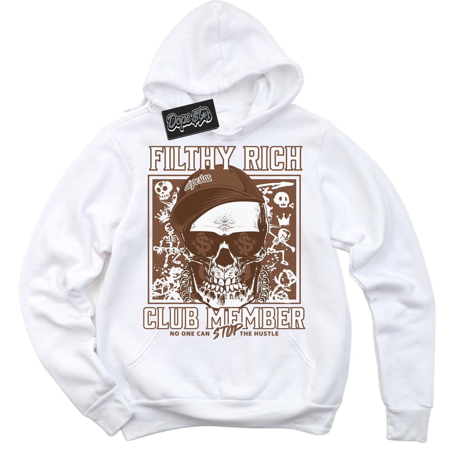 Cool White Hoodie with “Filthy Rich” design that Perfectly Matches Archaeo Brown White 1s Jordans.