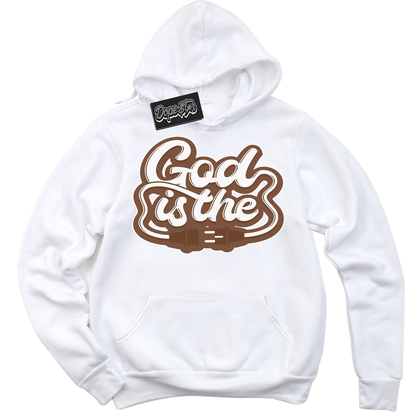 Cool White Hoodie with “God Is The” design that Perfectly Matches Archaeo Brown White 1s Jordans.