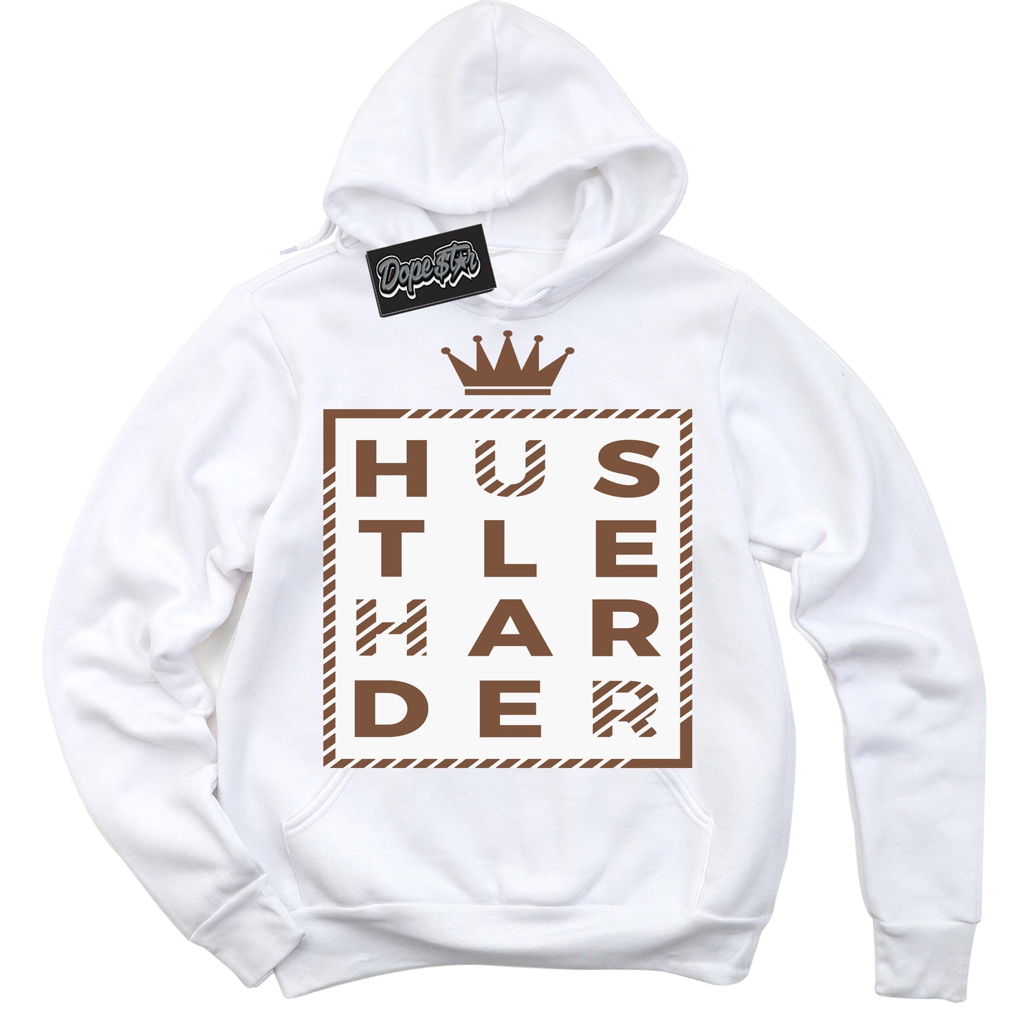 Cool White Hoodie with “Hustle Harder” design that Perfectly Matches Archaeo Brown White 1s Jordans.