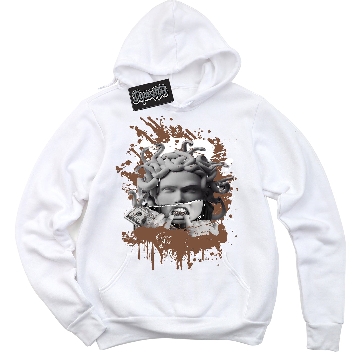 Cool White Hoodie with “Medusa” design that Perfectly Matches Archaeo Brown White 1s Jordans.