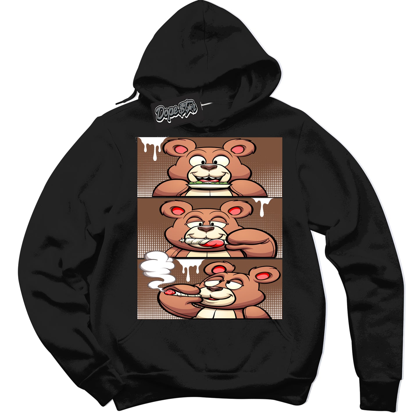 Cool Black Hoodie with “Roll It Lick It Smoke It Bear” design that Perfectly Matches Archaeo Brown White 1s Jordans.