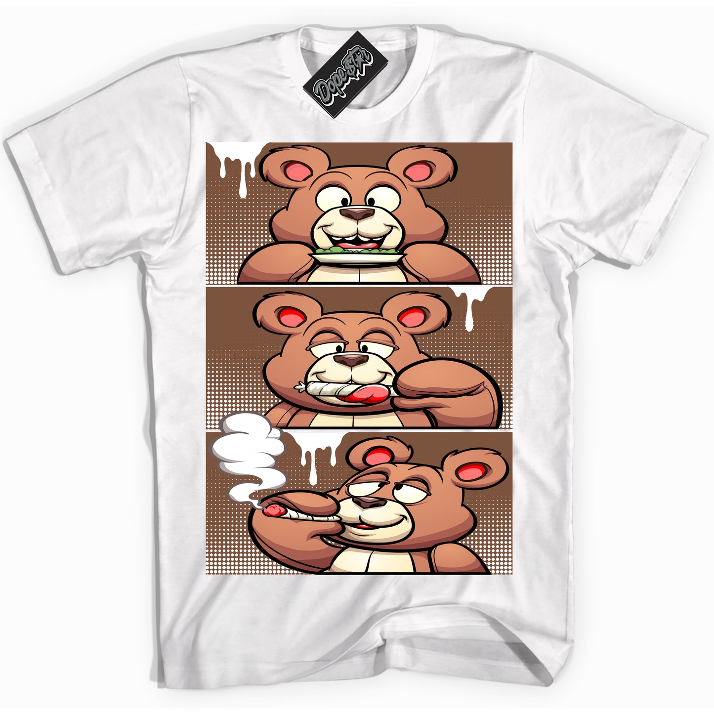 Cool White Shirt with “Roll It Lick It Smoke It Bear” design that perfectly matches the Archaeo Brown White 1s Jordans.