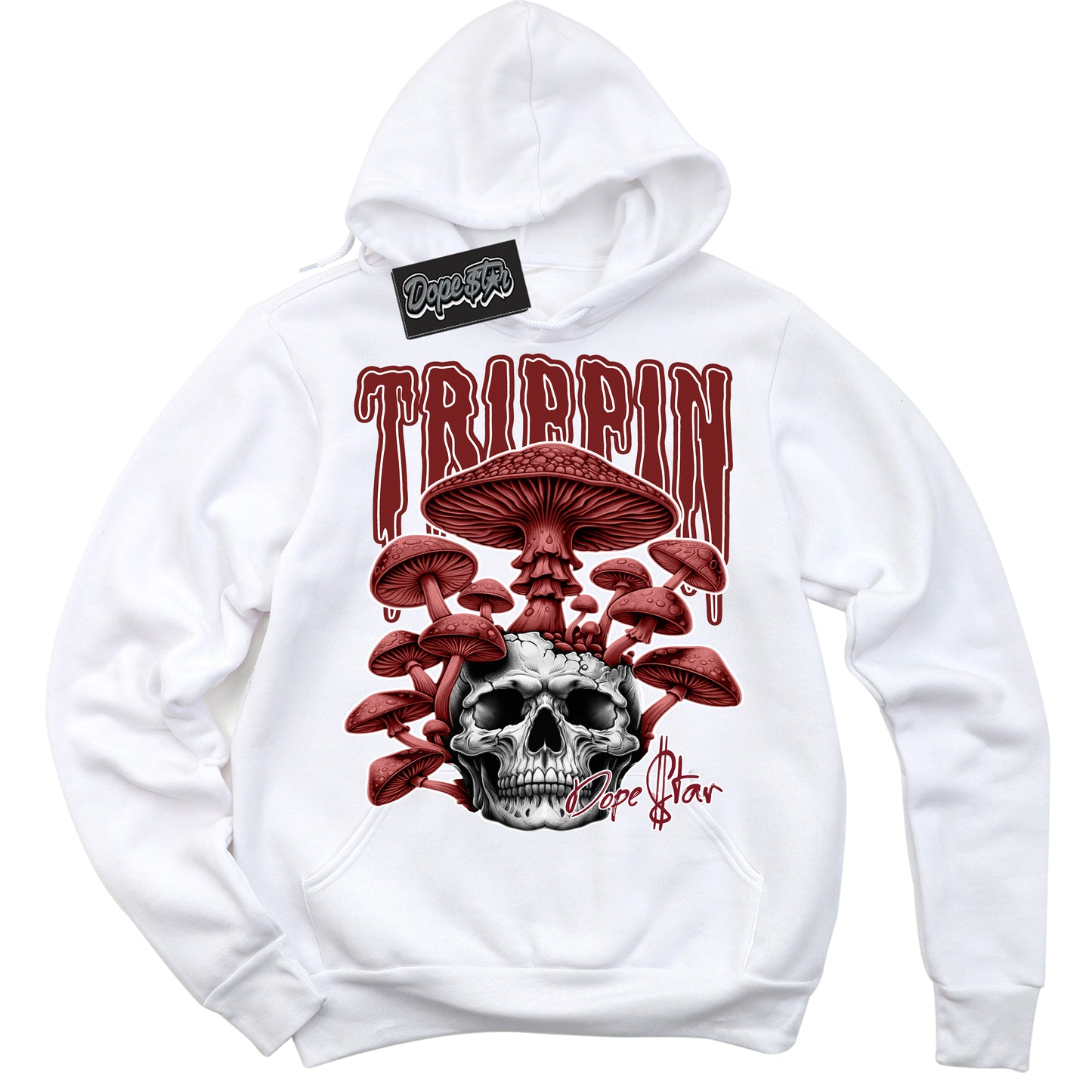Cool White Hoodie with “Trippin” design that Perfectly Matches Dune Red Sneakers.