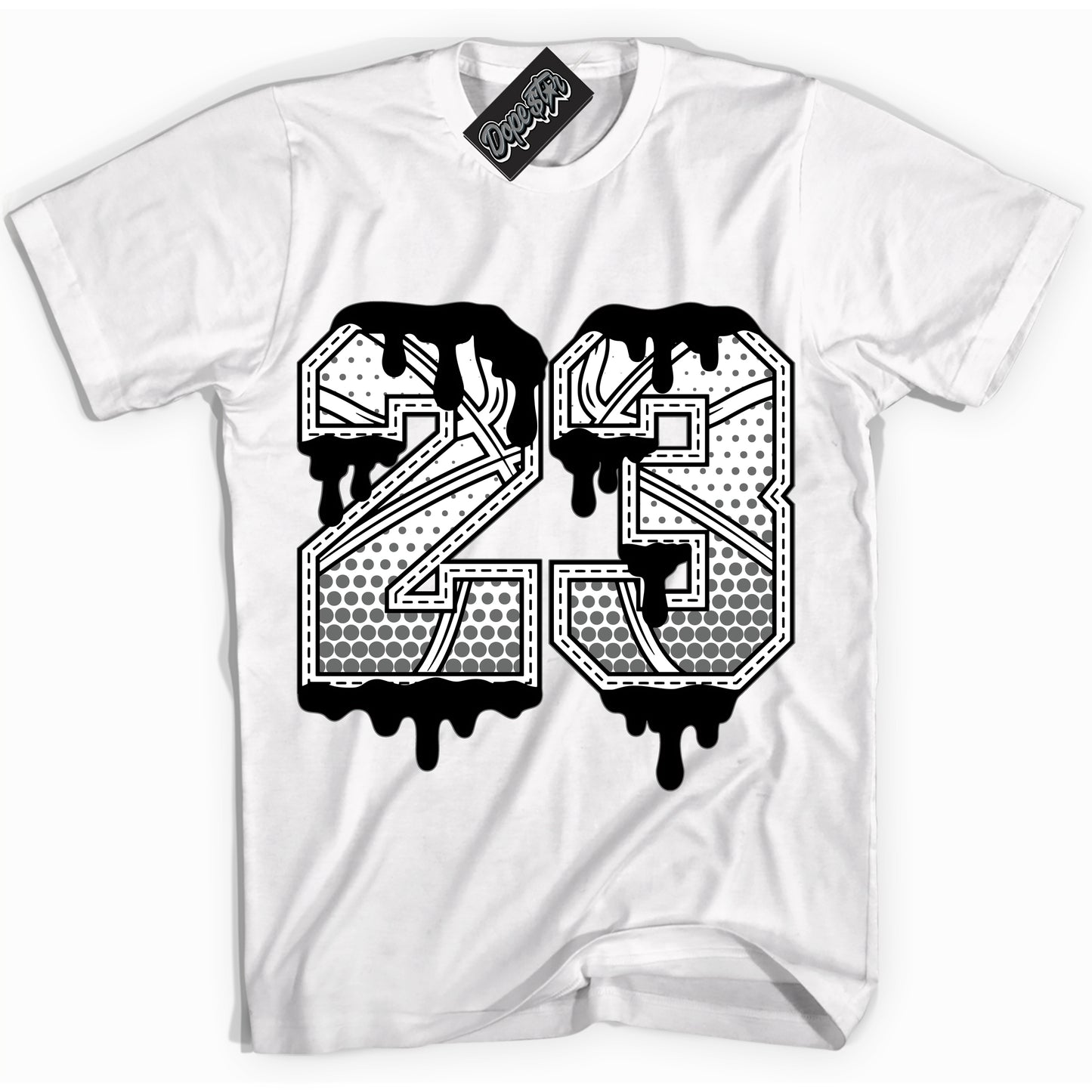 Cool White Shirt with “23 Ball” design that perfectly matches the Iron Grey 1s Jordans.