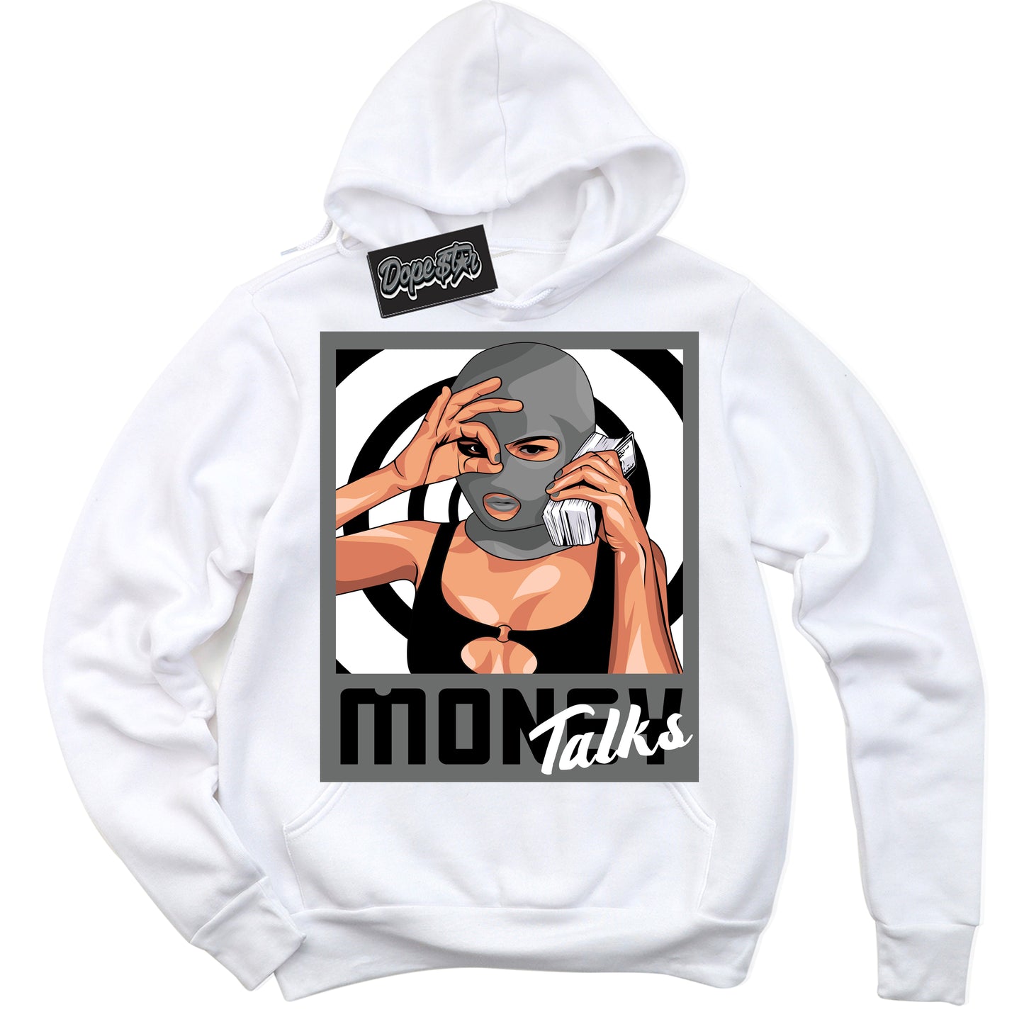 Cool White Hoodie with “Money Talks” design that Perfectly Matches Iron Grey 1s Jordans