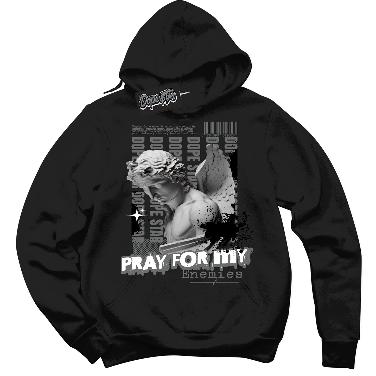 Cool Black Hoodie with “Pray Enemies” design that Perfectly Matches Iron Grey 1s Jordans.