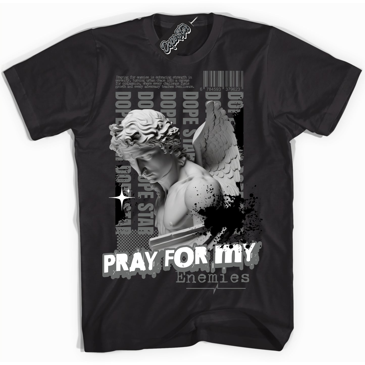 Cool Black Shirt with “Pray Enemies” design that perfectly matches the Iron Grey 1s Jordans.