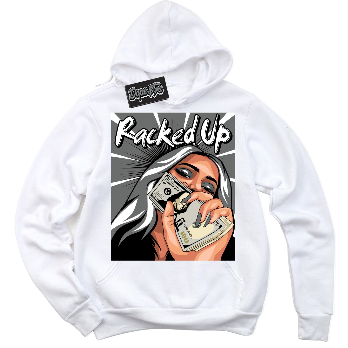 Cool White Hoodie with “Racked Up” design that Perfectly Matches Iron Grey 1s Jordans.