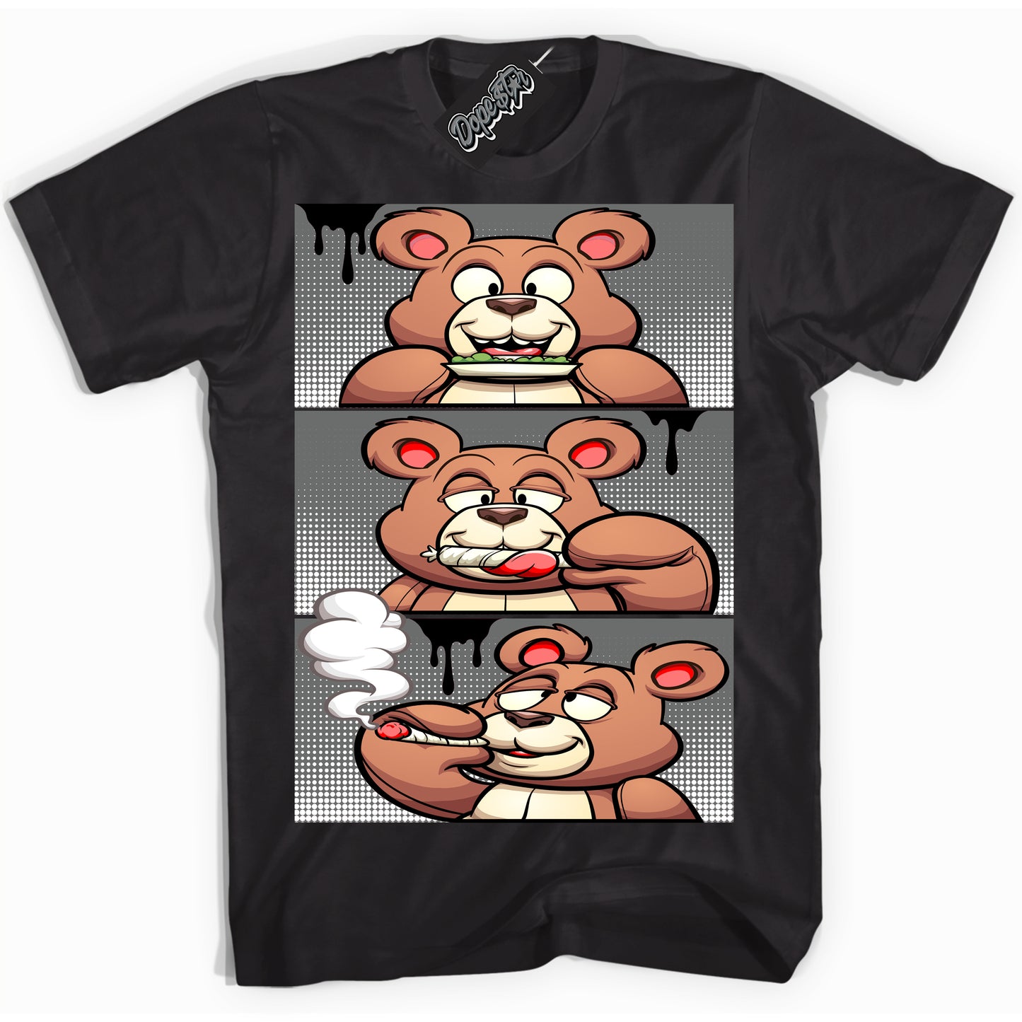 Cool Black Shirt with “Roll It Lick It Smoke It Bear” design that perfectly matches the Iron Grey 1s Jordans.