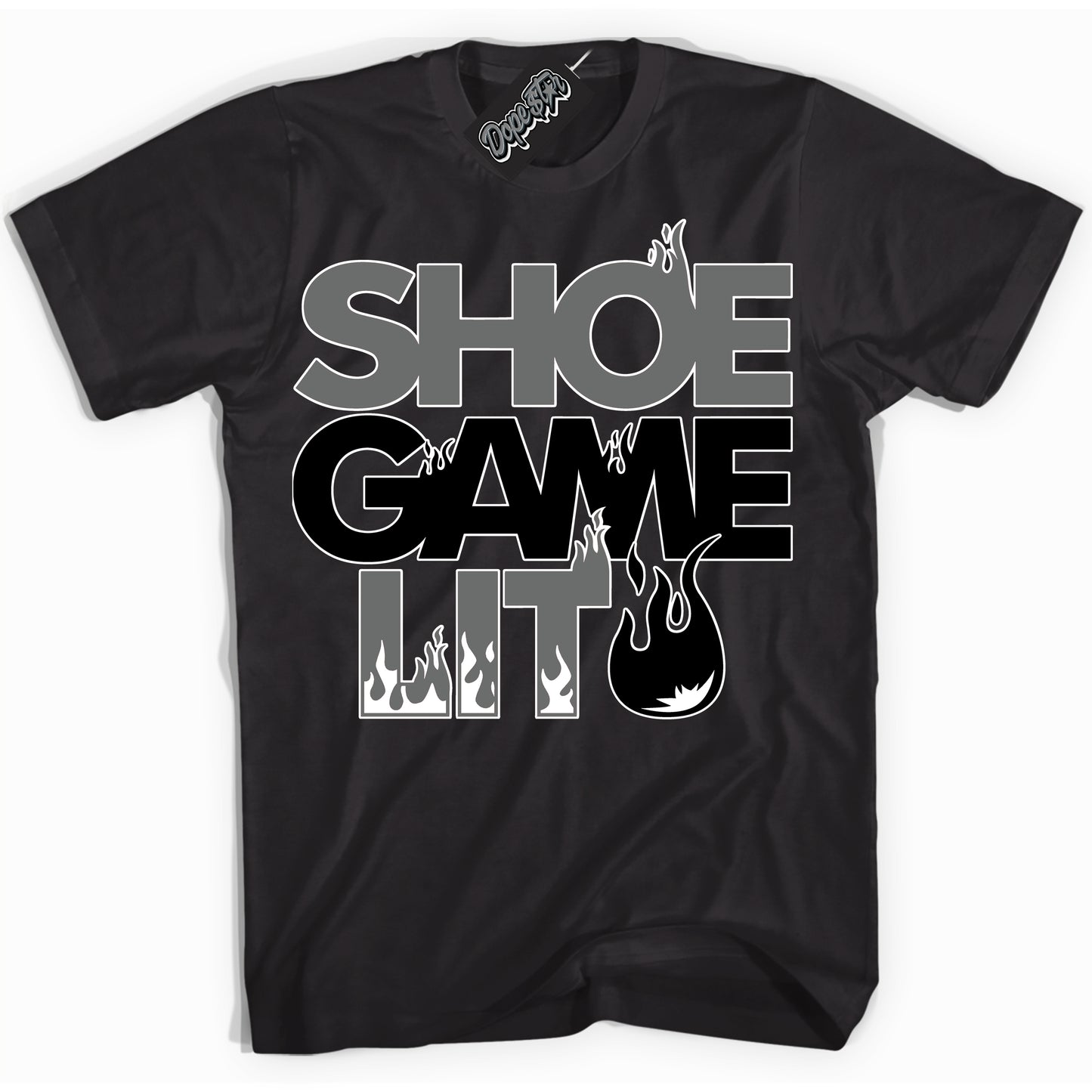 Cool Black Shirt with “Shoe Game Lit” design that perfectly matches the Iron Grey 1s Jordans.