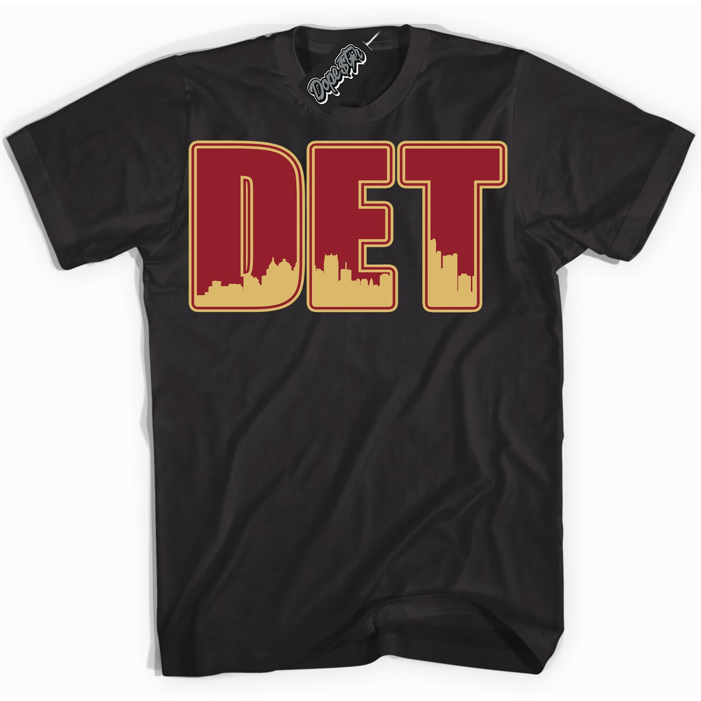 Cool Black Shirt with “ Detroit ” design that perfectly matches Method of Make Gym Red Metallic Gold 1s Jordans.