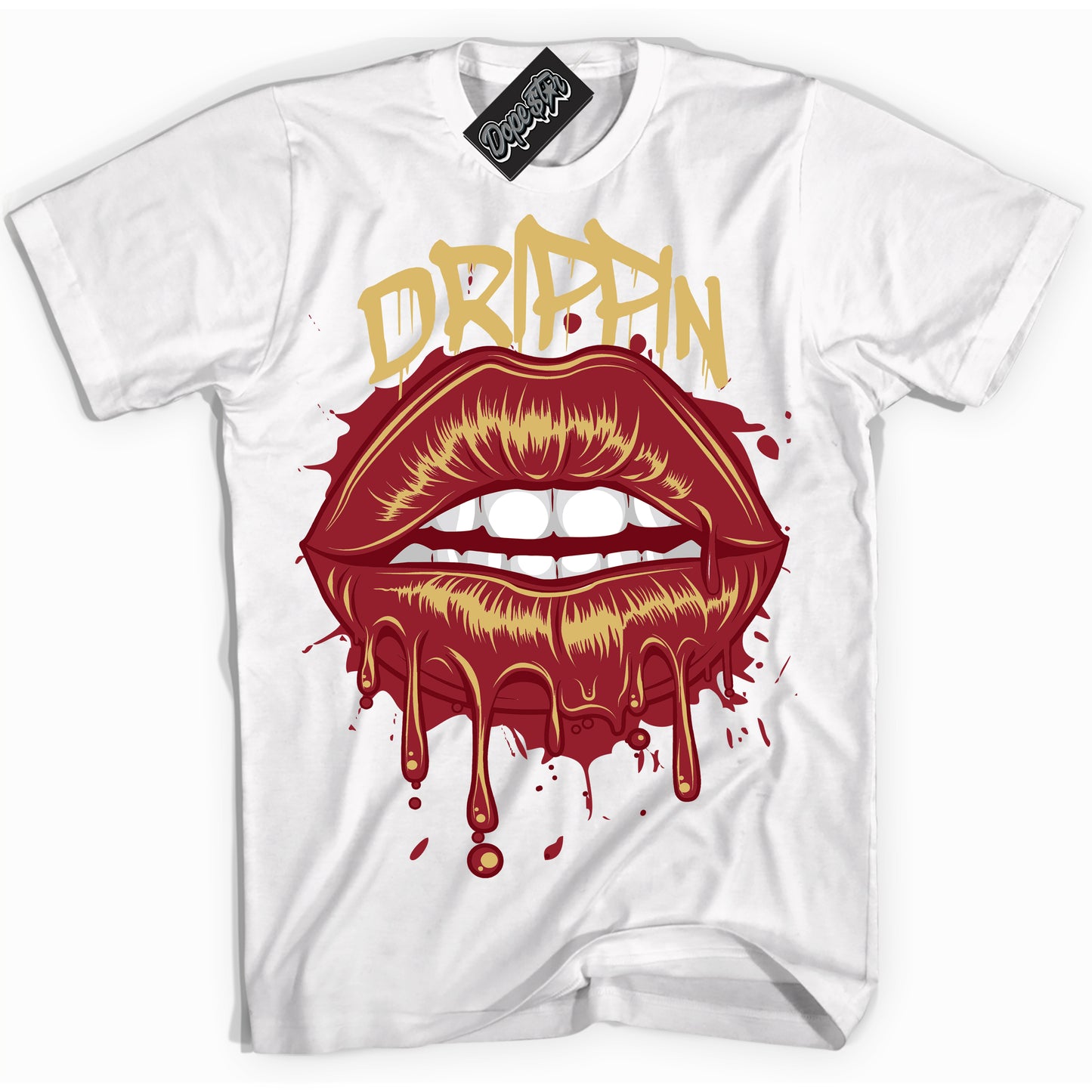 Cool White Shirt with “ Drippin ” design that perfectly matches Method of Make Gym Red Metallic Gold 1s Jordans.