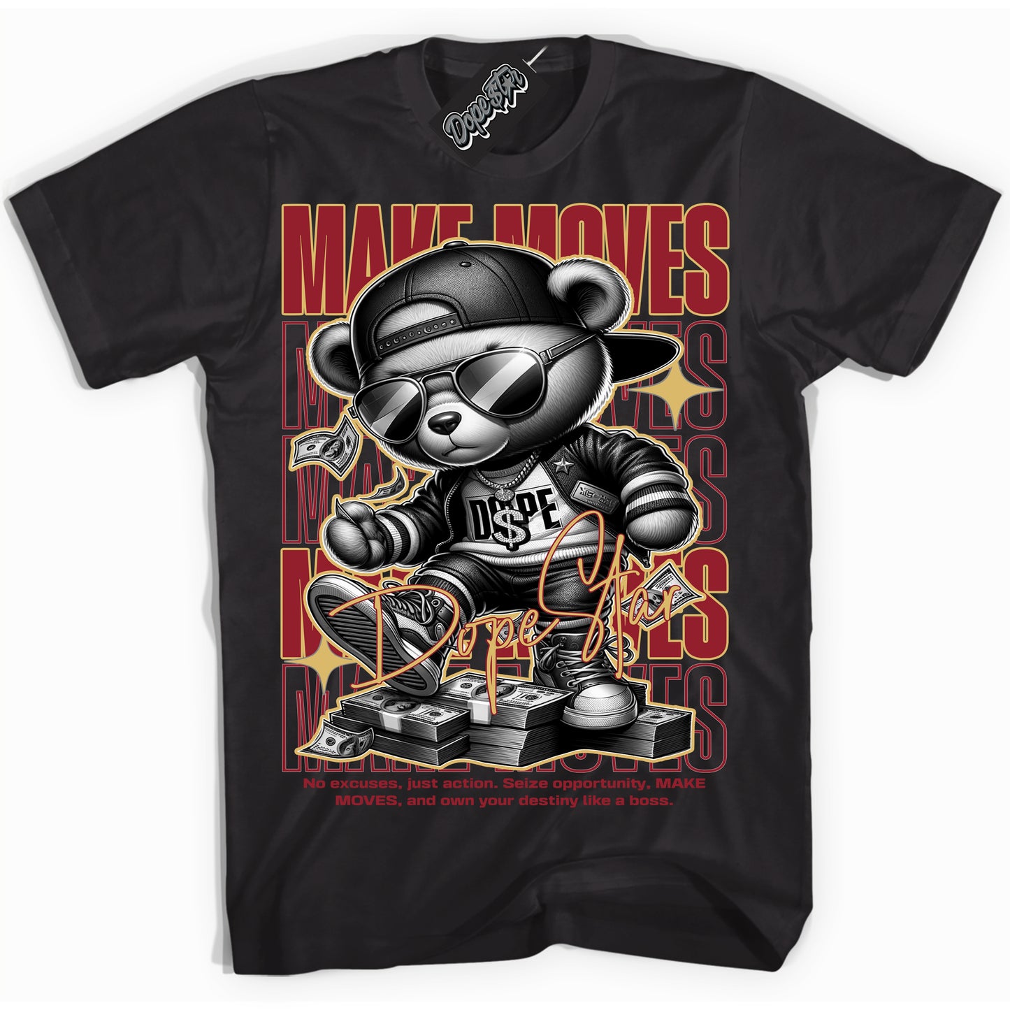 Cool Black Shirt with “ Make Moves ” design that perfectly matches Method of Make Gym Red Metallic Gold 1s Jordans.