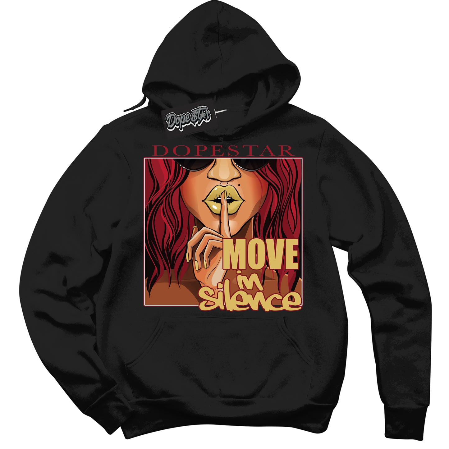Cool Black Hoodie with “ Move In Silence ” design that Perfectly Matches Method of Make Gym Red Metallic Gold 1s Jordans.