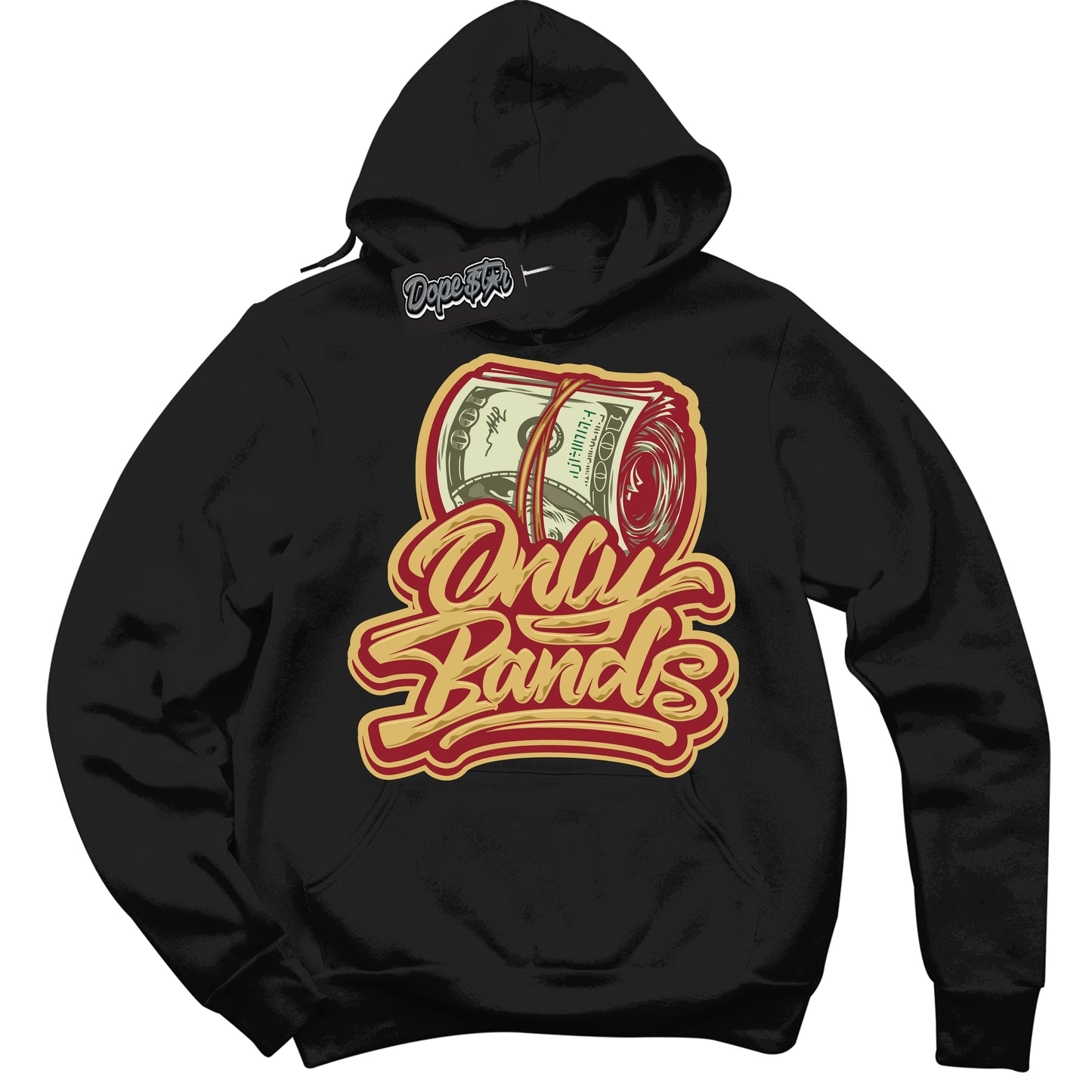 Cool Black Hoodie with “ Only Bands ” design that Perfectly Matches Method of Make Gym Red Metallic Gold 1s Jordans.
