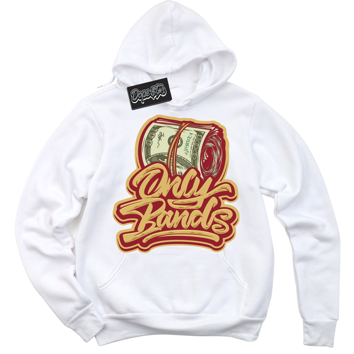 Cool White Hoodie with “ Only Bands ” design that Perfectly Matches Method of Make Gym Red Metallic Gold 1s Jordans.