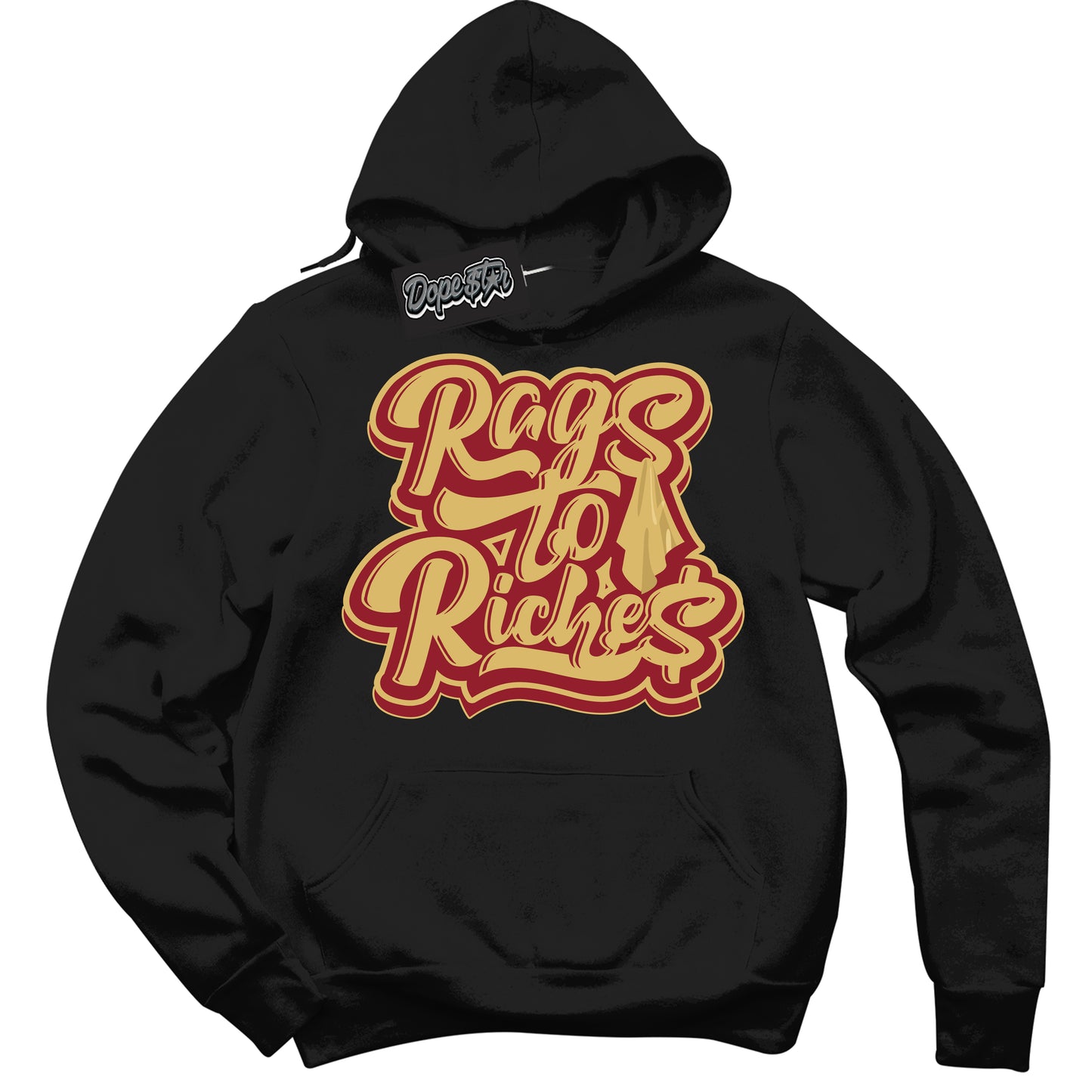 Cool Black Hoodie with “ Rags To Riches ” design that Perfectly Matches Method of Make Gym Red Metallic Gold 1s Jordans.