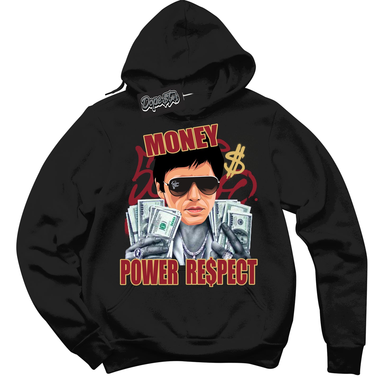 Cool Black Hoodie with “ Tony Montana ” design that Perfectly Matches Method of Make Gym Red Metallic Gold 1s Jordans.