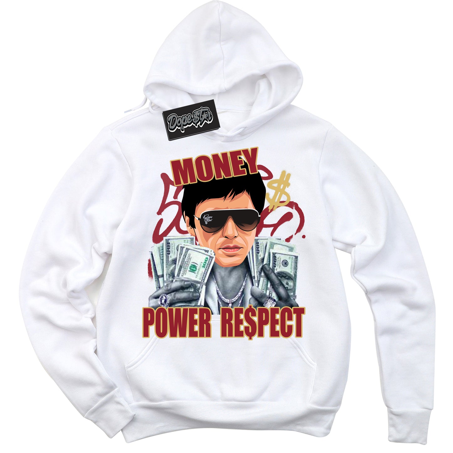 Cool White Hoodie with “ Tony Montana ” design that Perfectly Matches Method of Make Gym Red Metallic Gold 1s Jordans.