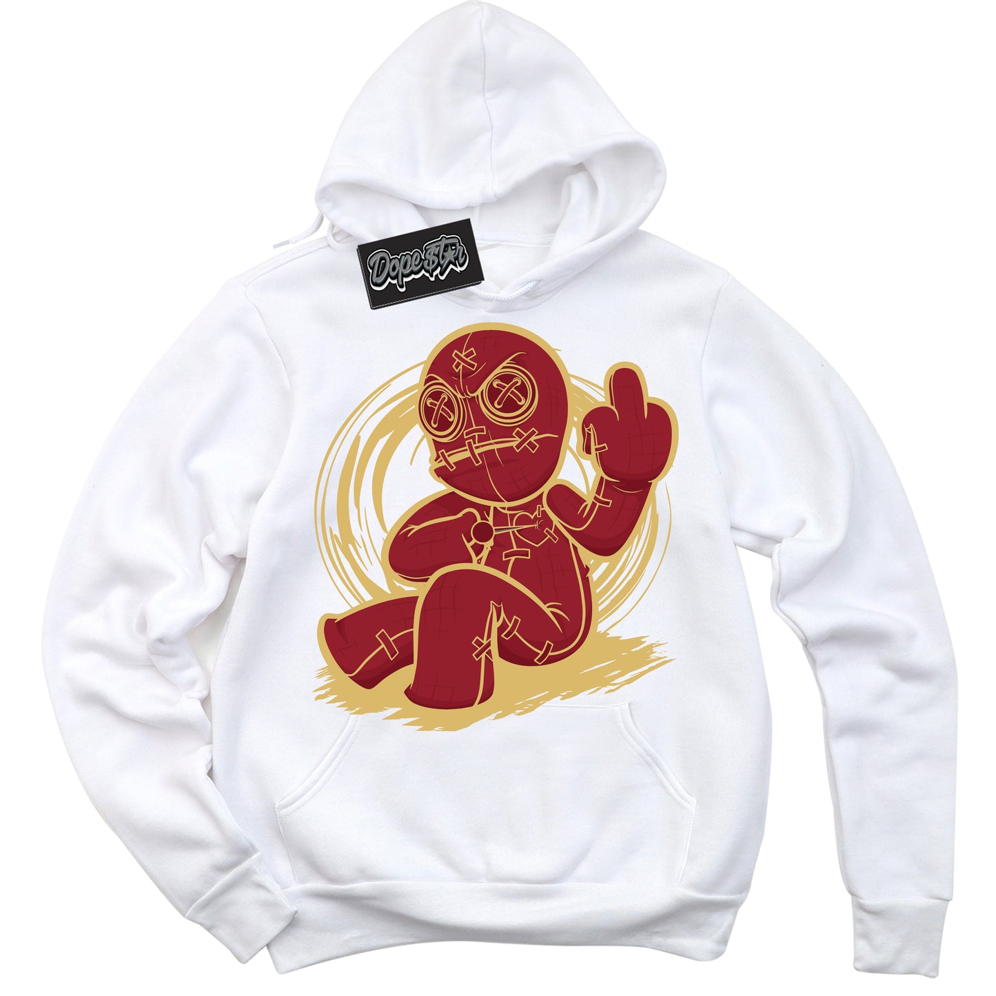 Cool White Hoodie with “Voodoo Doll” design that Perfectly Matches Method of Make Gym Red Metallic Gold 1s Jordans.