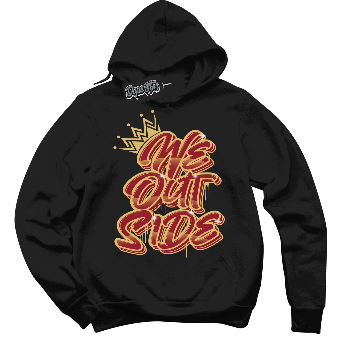Cool Black Hoodie with “ We Outside ” design that Perfectly Matches Method of Make Gym Red Metallic Gold 1s Jordans.