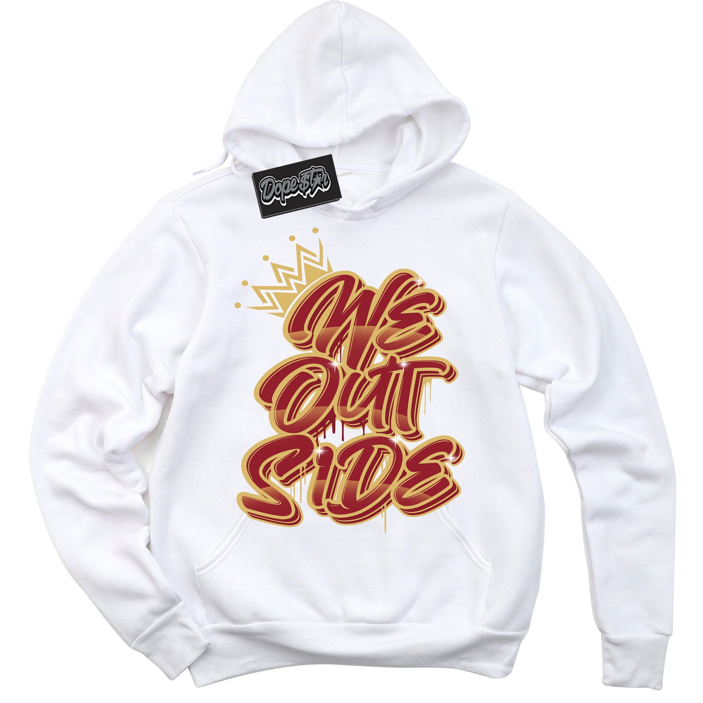 Cool White Hoodie with “ We Outside ” design that Perfectly Matches Method of Make Gym Red Metallic Gold 1s Jordans.