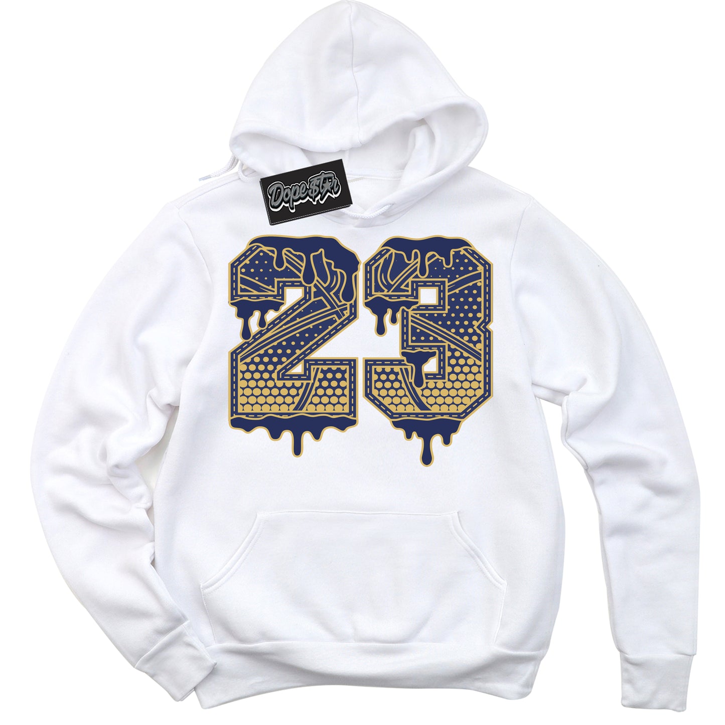 Cool White Hoodie with “23 Ball” design that Perfectly Matches Method of Make Midnight Navy Metallic Gold 1s Jordans.
