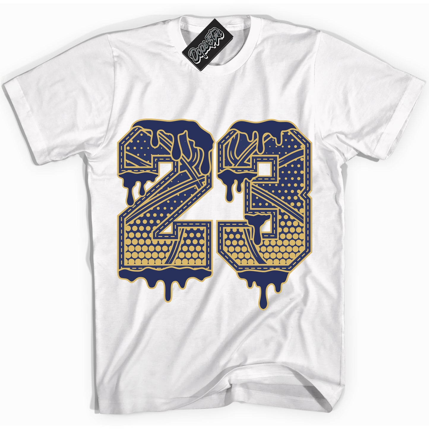 Cool White Shirt with “23 Ball” design that perfectly matches the Method of Make Midnight Navy Metallic Gold 1s Jordans.