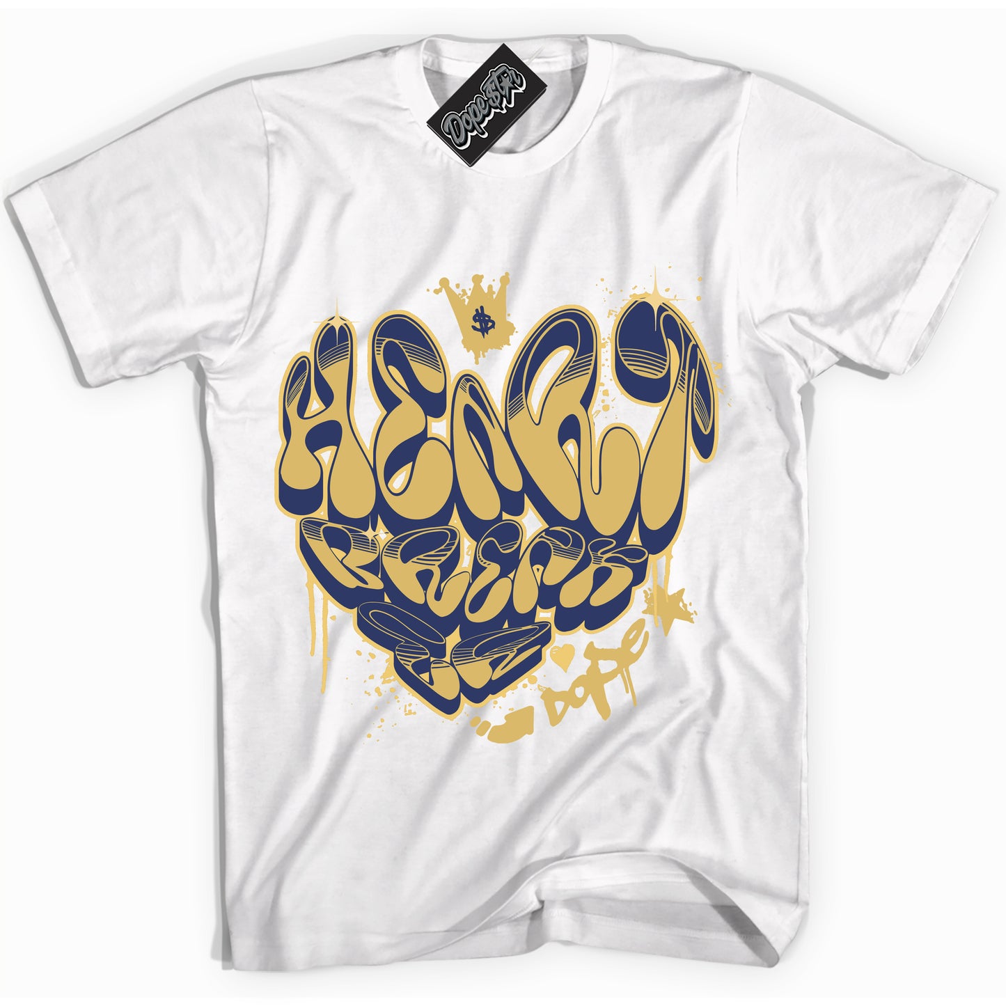 Cool White Shirt with “Heartbreaker Graffiti” design that perfectly matches the Method of Make Midnight Navy Metallic Gold 1s Jordans.