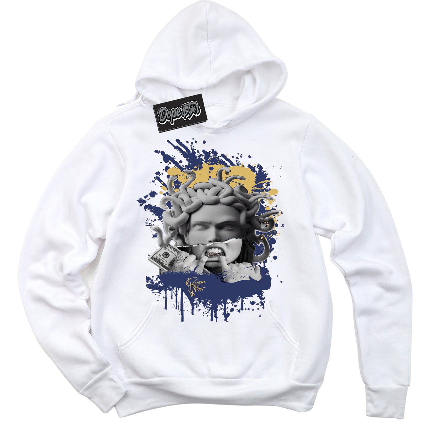 Cool White Hoodie with “Medusa” design that Perfectly Matches Method of Make Midnight Navy Metallic Gold 1s Jordans.