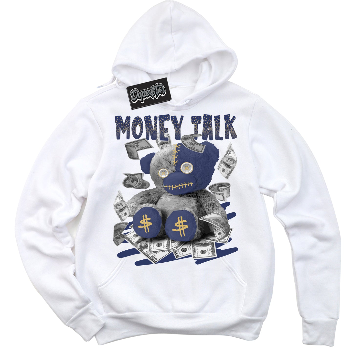 Cool White Hoodie with “Money Talk Bear” design that Perfectly Matches Method of Make Midnight Navy Metallic Gold 1s Jordans.