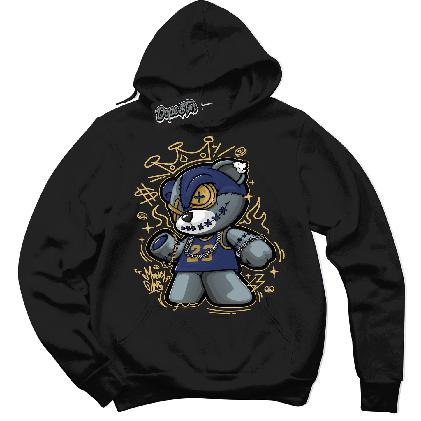 Cool Black Hoodie with “Money Gang Bear” design that Perfectly Matches Method of Make Midnight Navy Metallic Gold 1s Jordans.