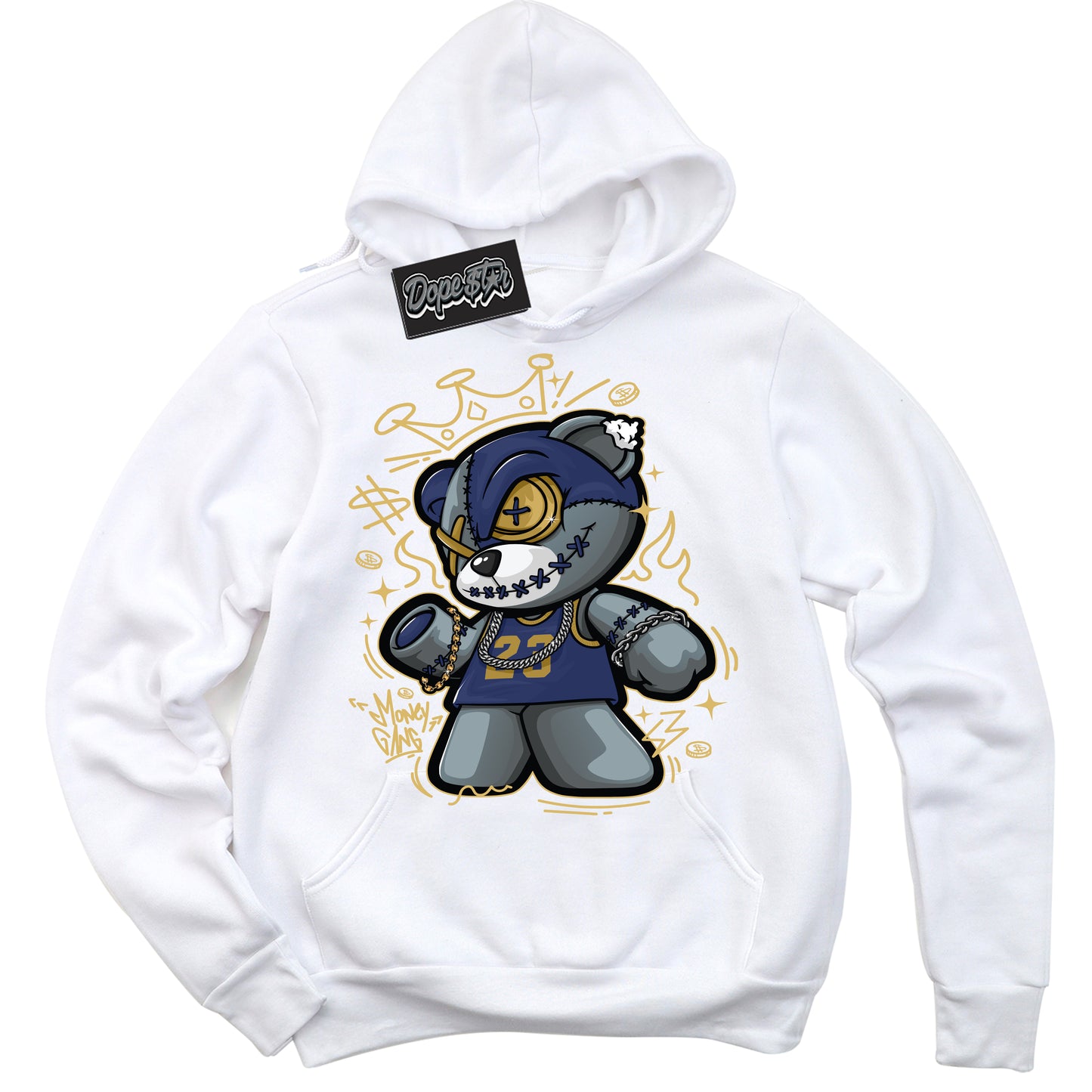 Cool White Hoodie with “Money Gang Bear” design that Perfectly Matches Method of Make Midnight Navy Metallic Gold 1s Jordans.