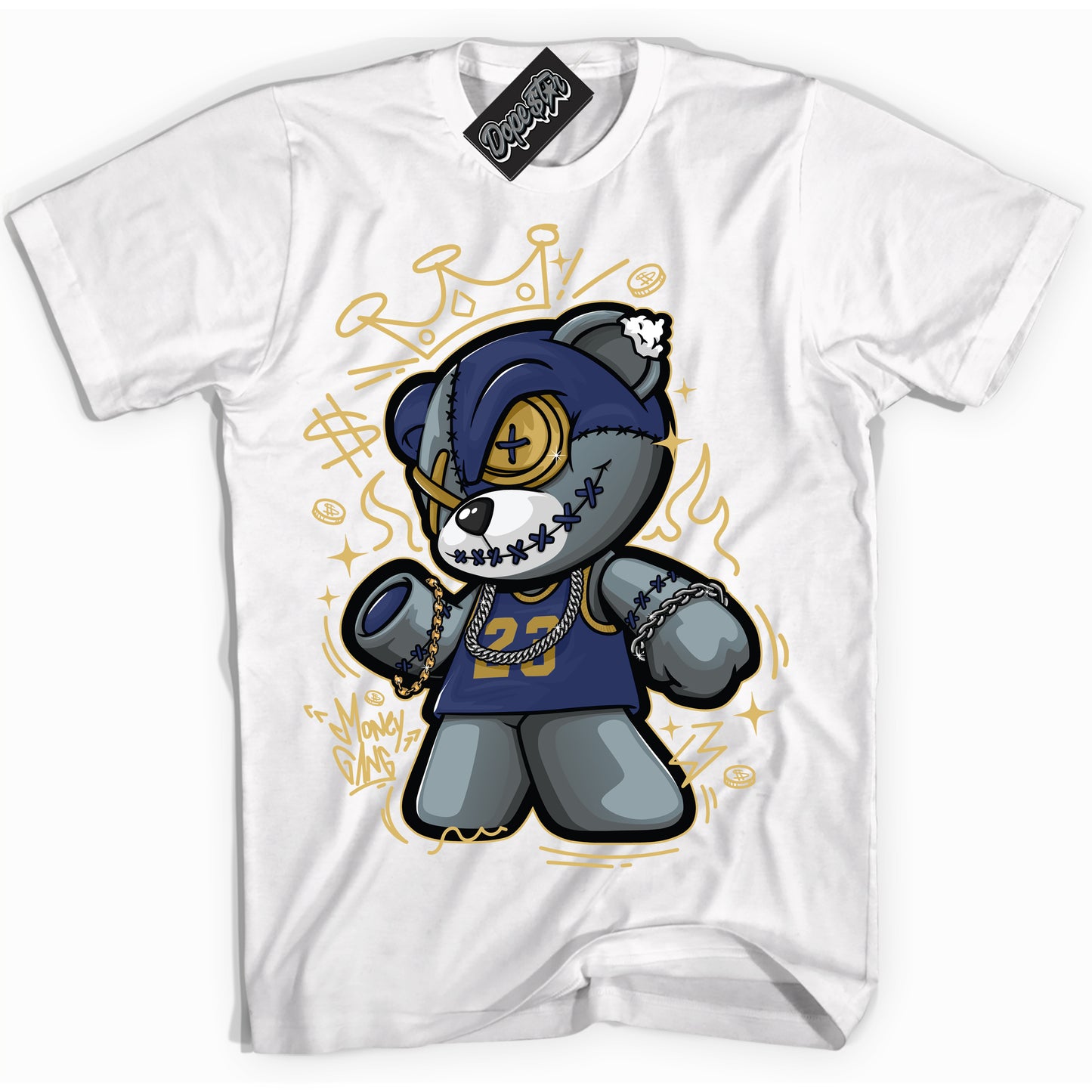 Cool White Shirt with “Money Gang Bear” design that perfectly matches the Method of Make Midnight Navy Metallic Gold 1s Jordans.